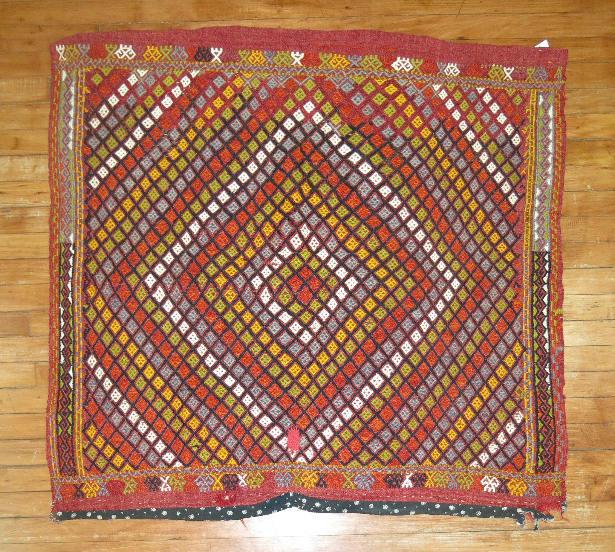 Turkish Square Boho Geometric Colorful Jajim Flat-Weave, 20th Century For Sale