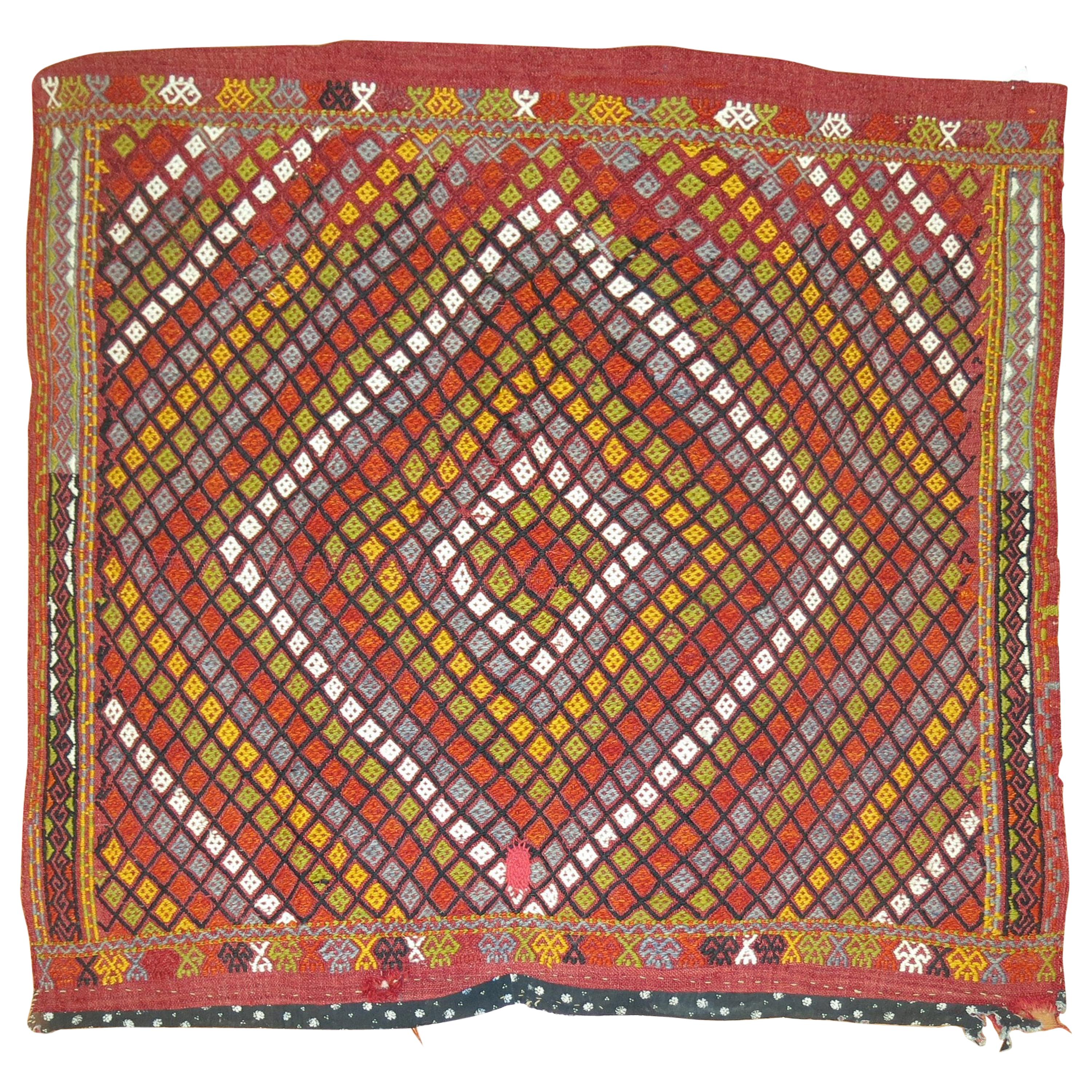 Square Boho Geometric Colorful Jajim Flat-Weave, 20th Century For Sale