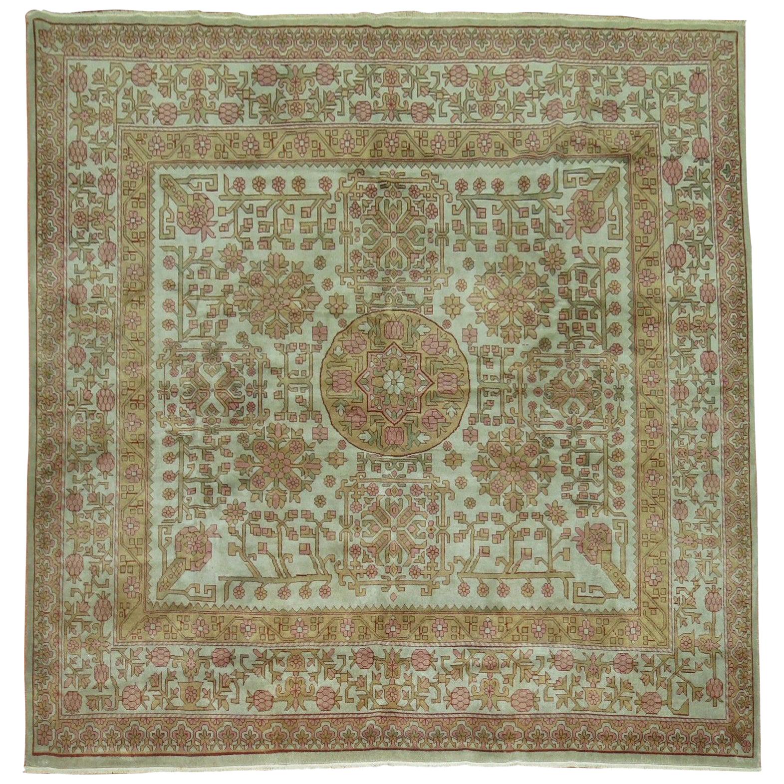 Square Botanical Floral Vintage East Turkestan Rug