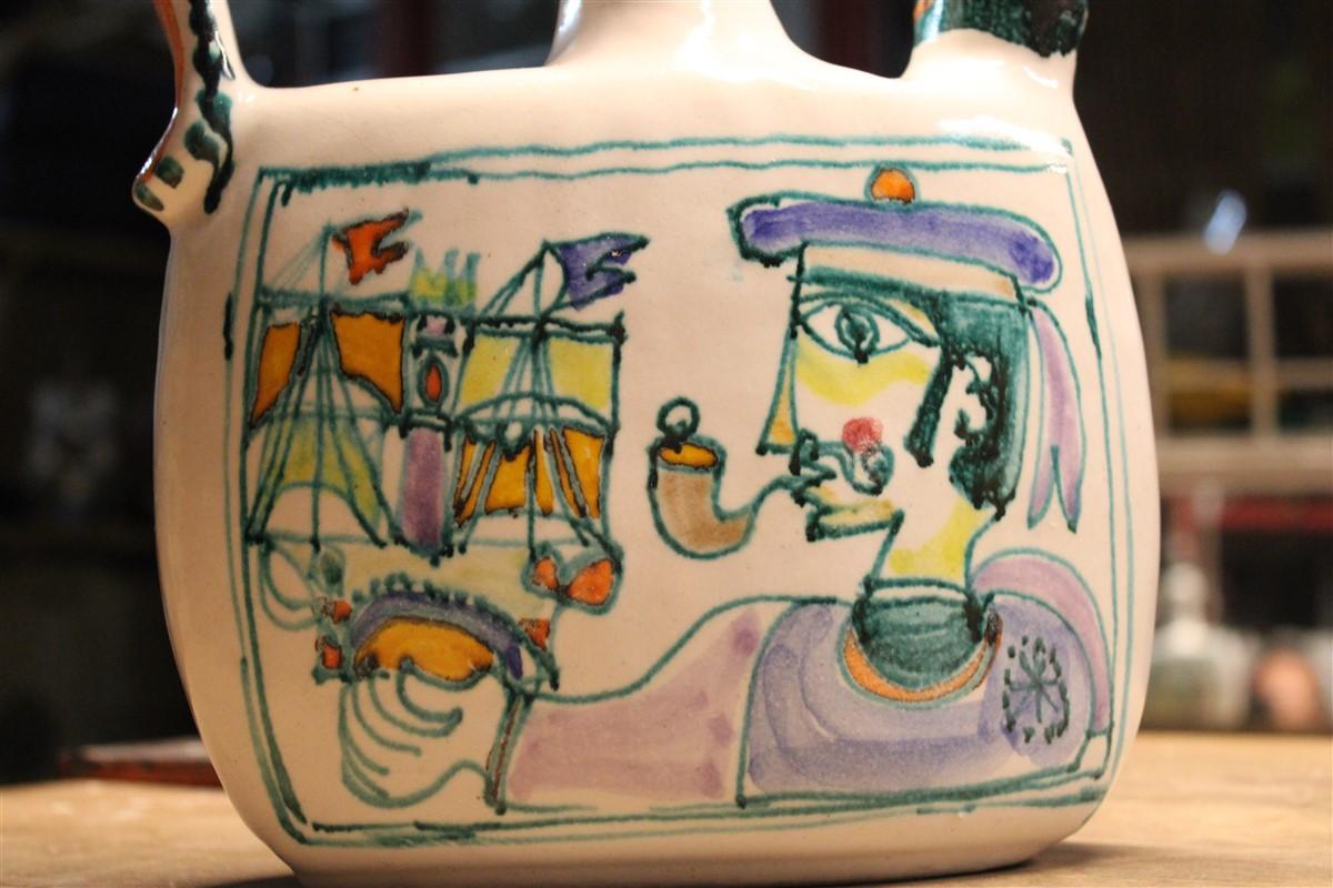 Quadratische Flaschenvase aus italienischer Keramik im Picasso-Stil von Giovanni De Simone, 1970er Jahre im Angebot 1