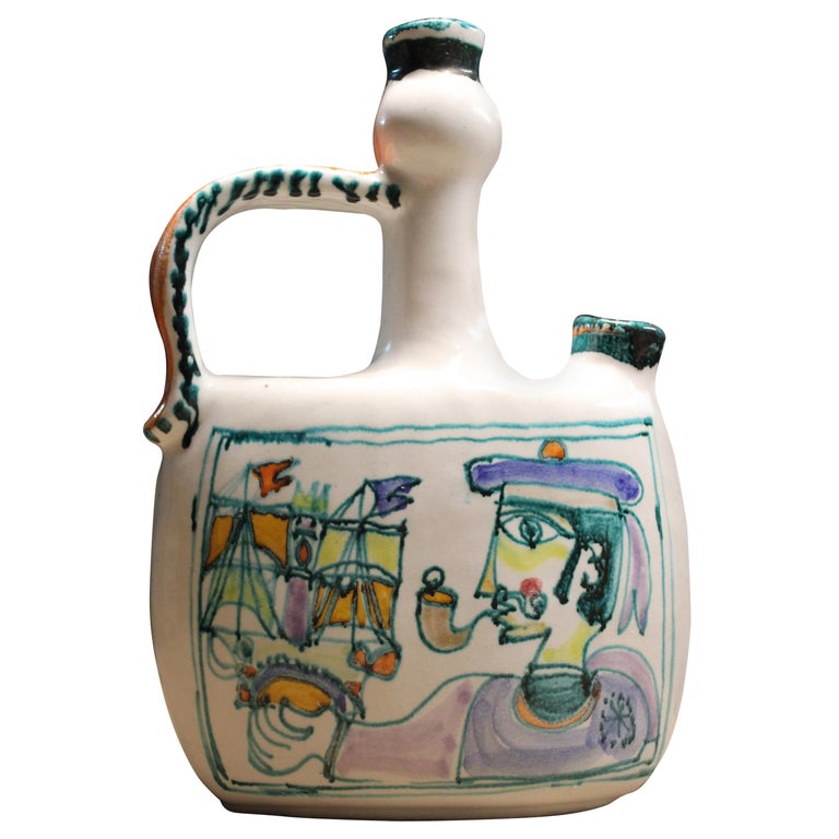 Square Bottle Vase Giovanni De Simone 1970s Italian Pottery Picasso Style For Sale