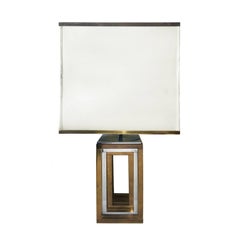 Square Brass and Chrome Table Lamp with Original Brass Banded Shade by Romeo Reg