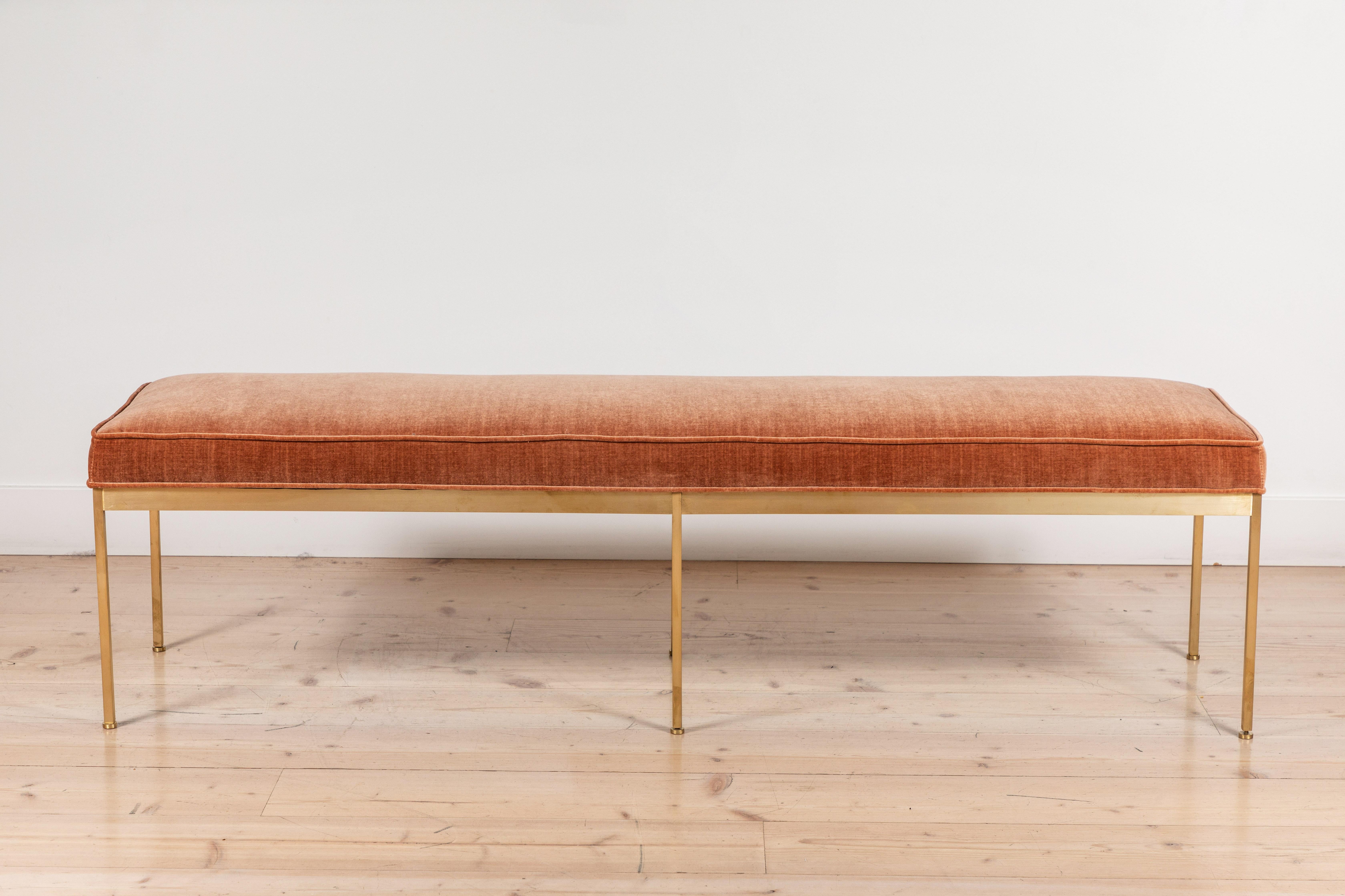 The square brass bench features a solid unlacquered brass base and an upholstered seat with piping. Each leg features a rounded leveler.

Available to order in customers own material with a 6-8 week lead time.

As Shown: $2,200
To Order: $1,950