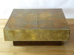 Square Brass Clad and Riveted Coffee Table on Plinth Base Attributed to Sarreid