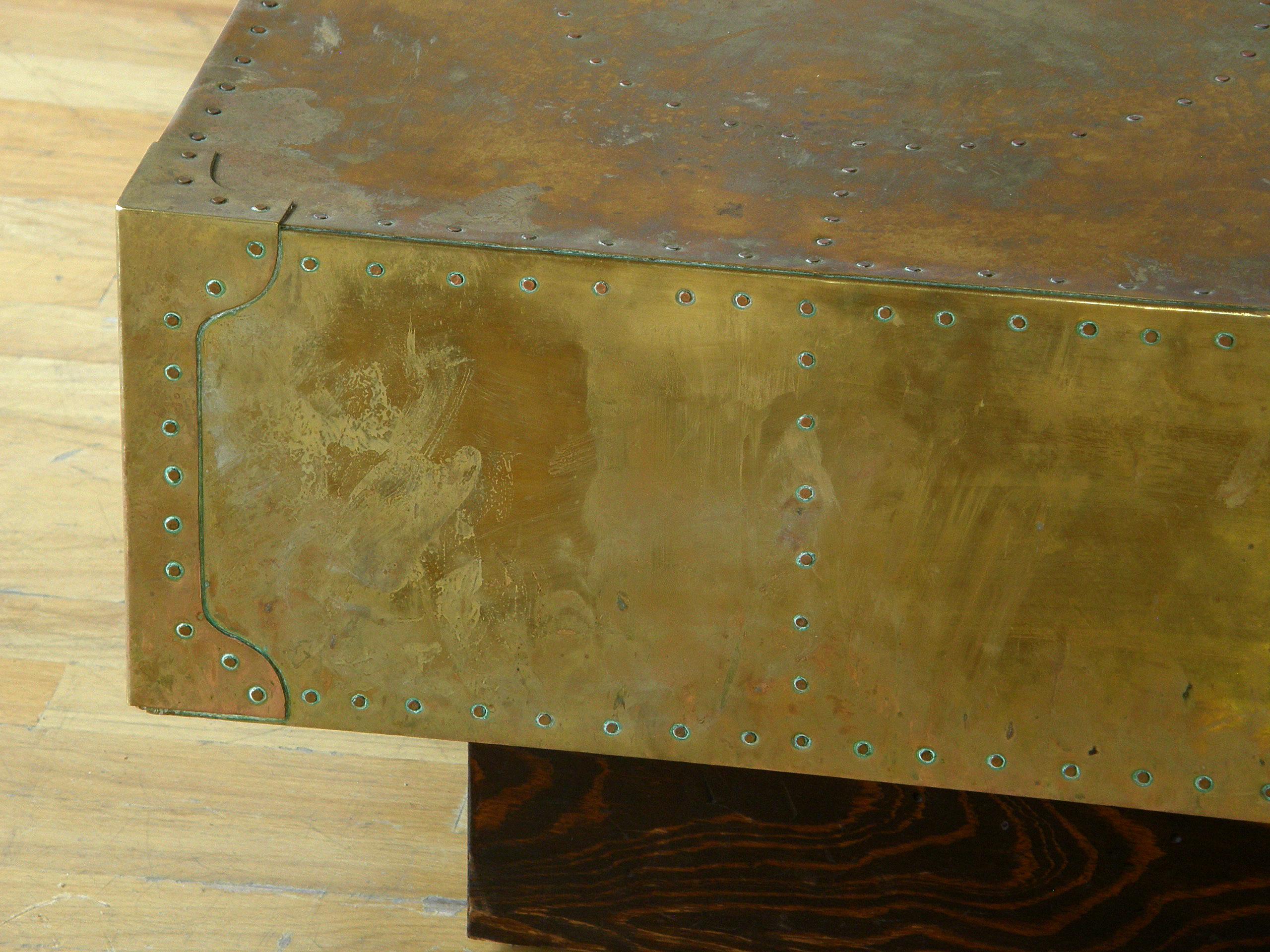 Square Brass Clad and Riveted Coffee Table on Plinth Base Attributed to Sarreid In Good Condition In Chicago, IL