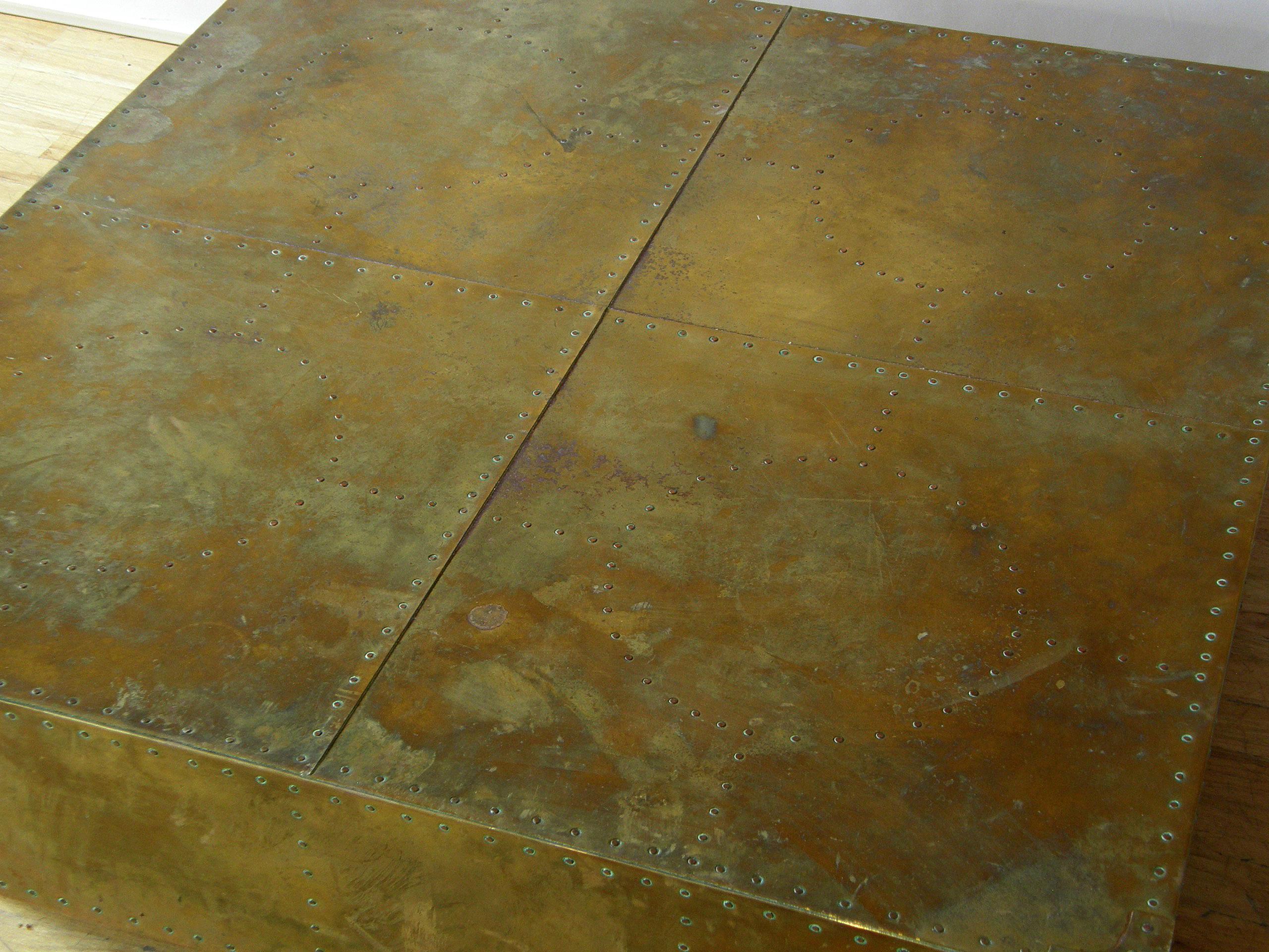 Square Brass Clad and Riveted Coffee Table on Plinth Base Attributed to Sarreid 1