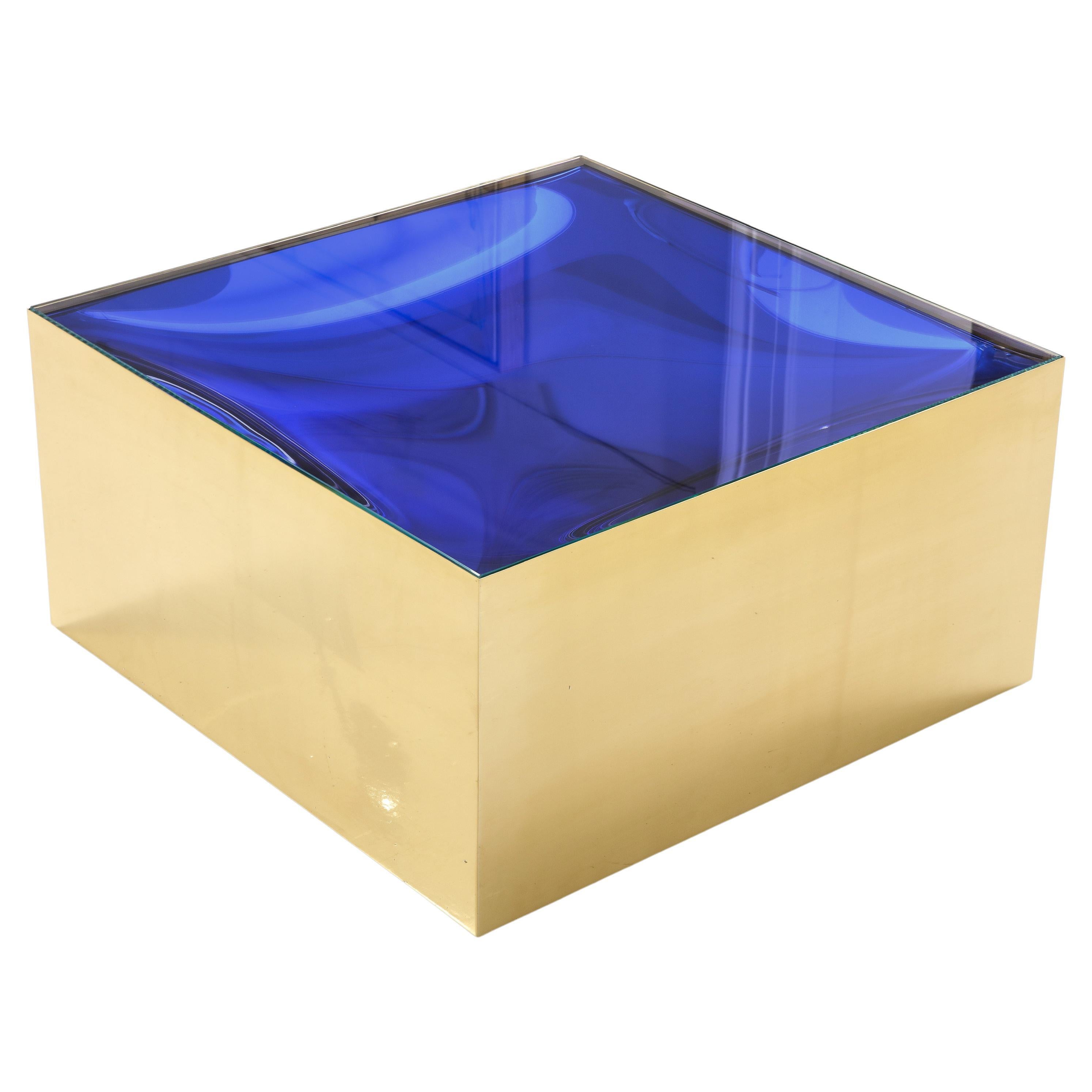 Square Brass Cocktail Coffee Table with Cobalt Blue Optical Glass Insert, Italy For Sale