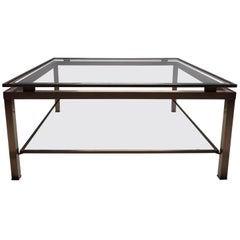 Square Brass Coffee Table with Two Glass Shelves by Maison Jansen, 1970s