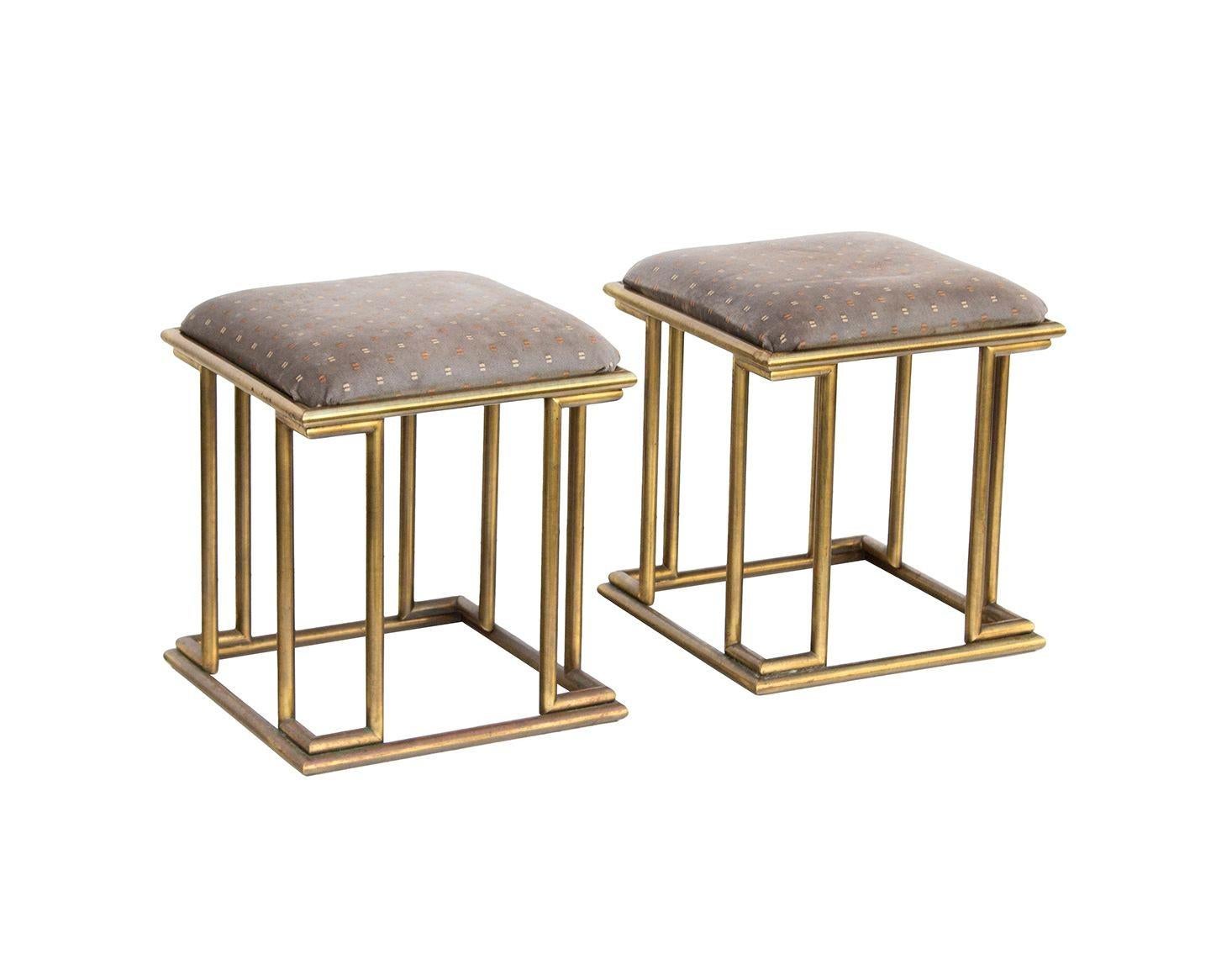 USA, 1970s
Pair of square faux bamboo ottomans in aged brass. Nice detail to this pair, and a great way to add additional seating and flair. Ready for your custom reupholstery.
CONDITION NOTES: Reupholstery recommended as current fabric is ugly and