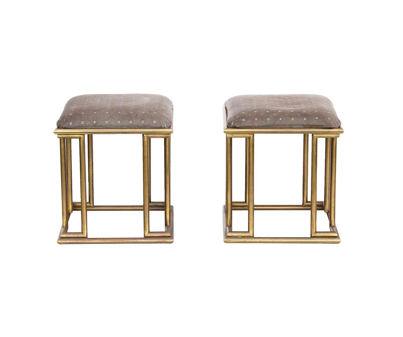 Hollywood Regency Square Brass Faux Bamboo Ottomans, pair For Sale