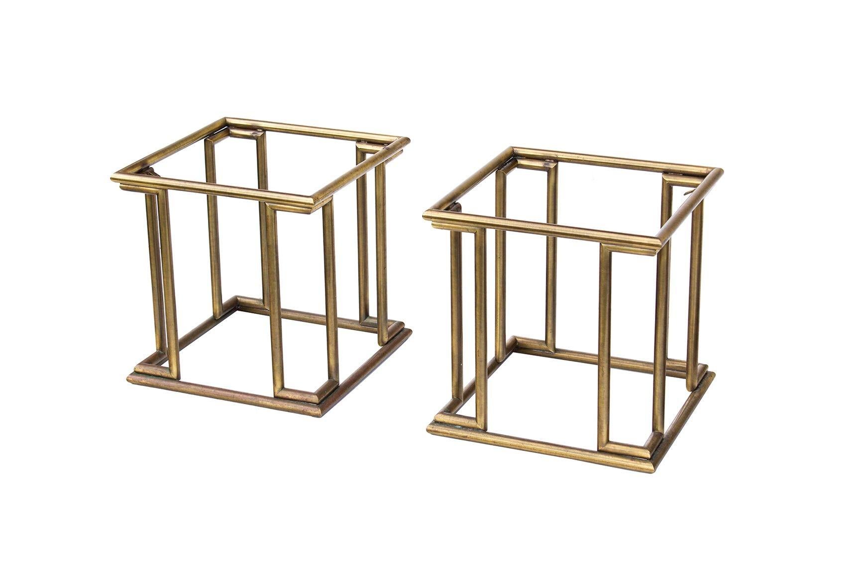 Square Brass Faux Bamboo Ottomans, pair For Sale 1