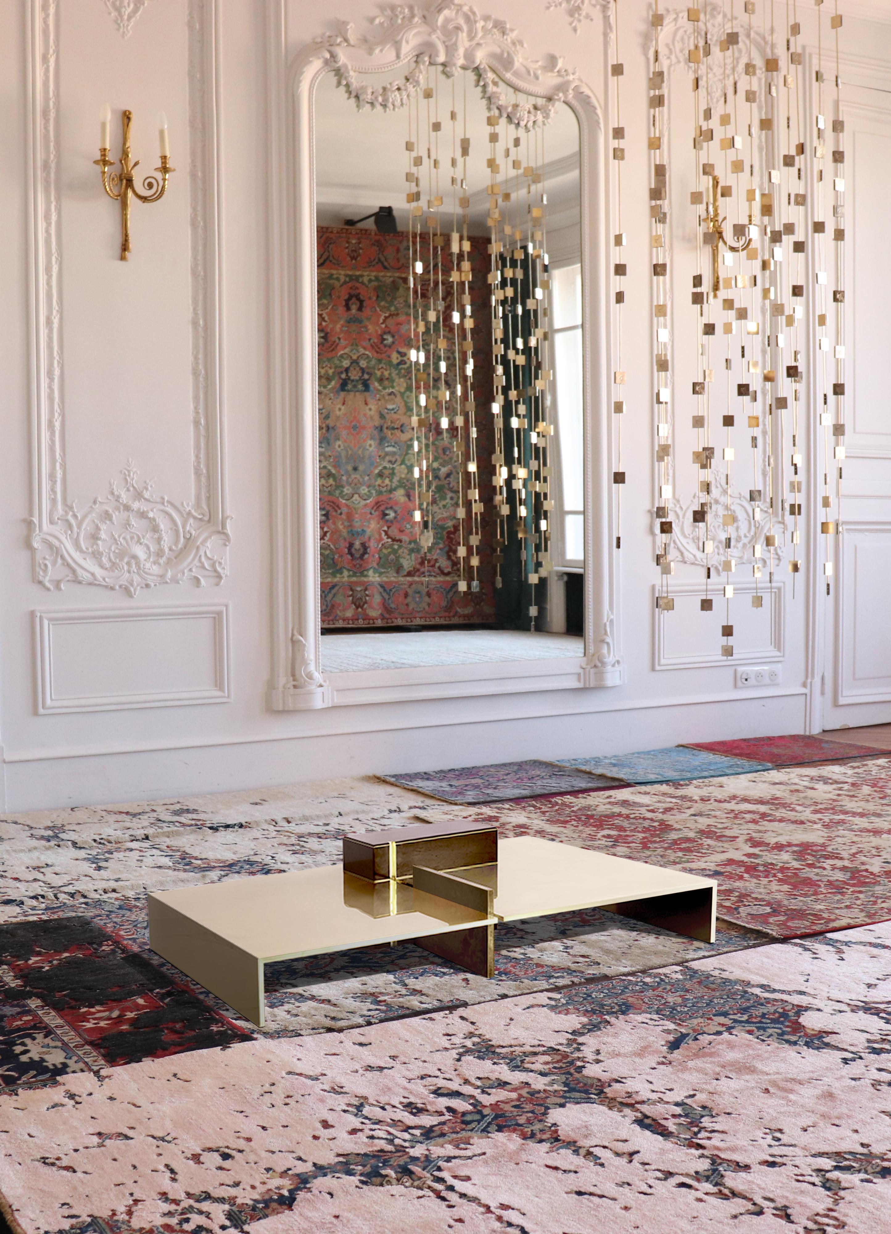 Square Brass Low Coffee Table with Hand Varnished Wood Design Element In New Condition In Paris, FR