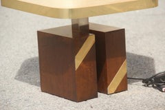 Square Brass Table Lamp in Fabric Dome and Gilt Metal, Italian Design, 1970