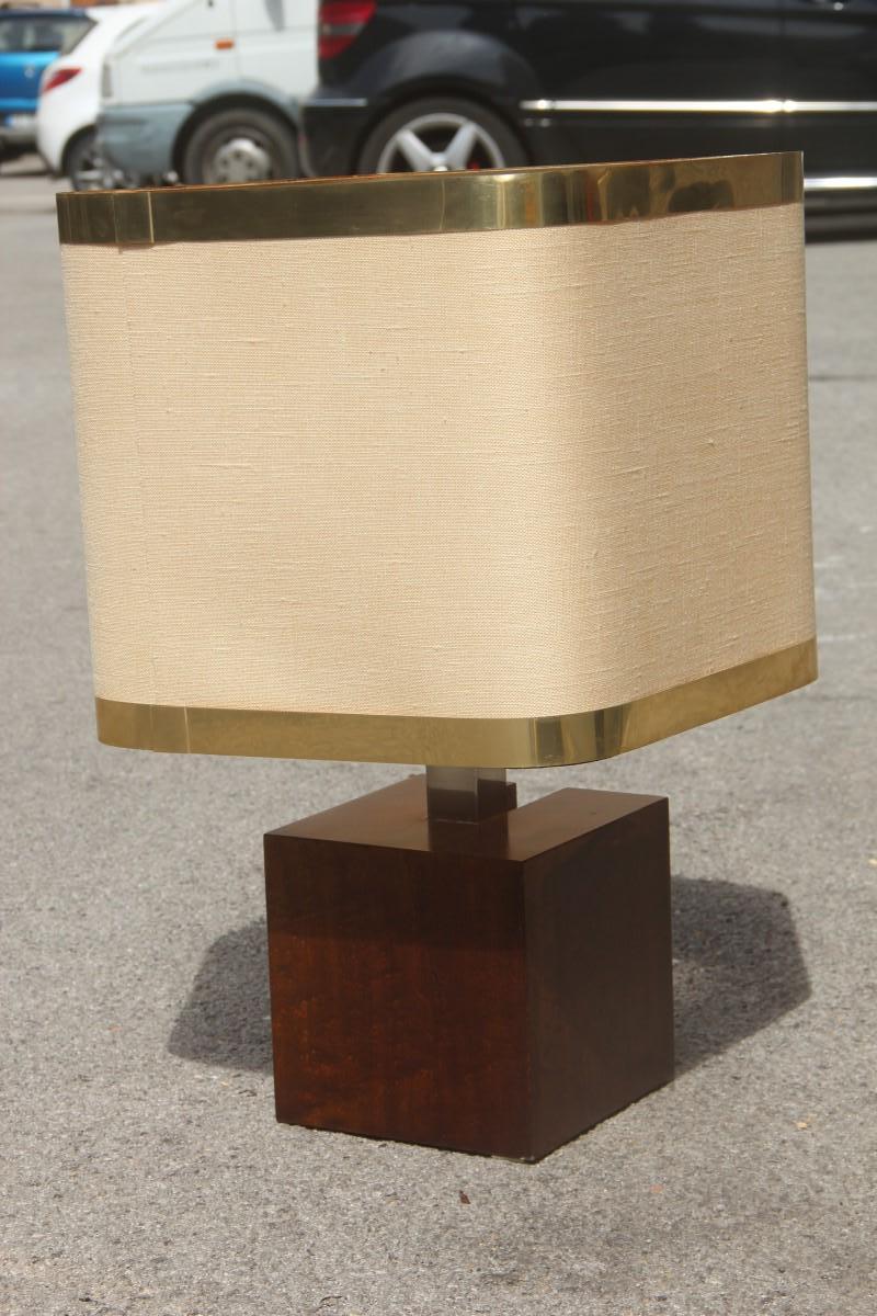 Mid-Century Modern Square Brass Table Lamp in Fabric Dome and Gilt Metal, Italian Design, 1970 For Sale