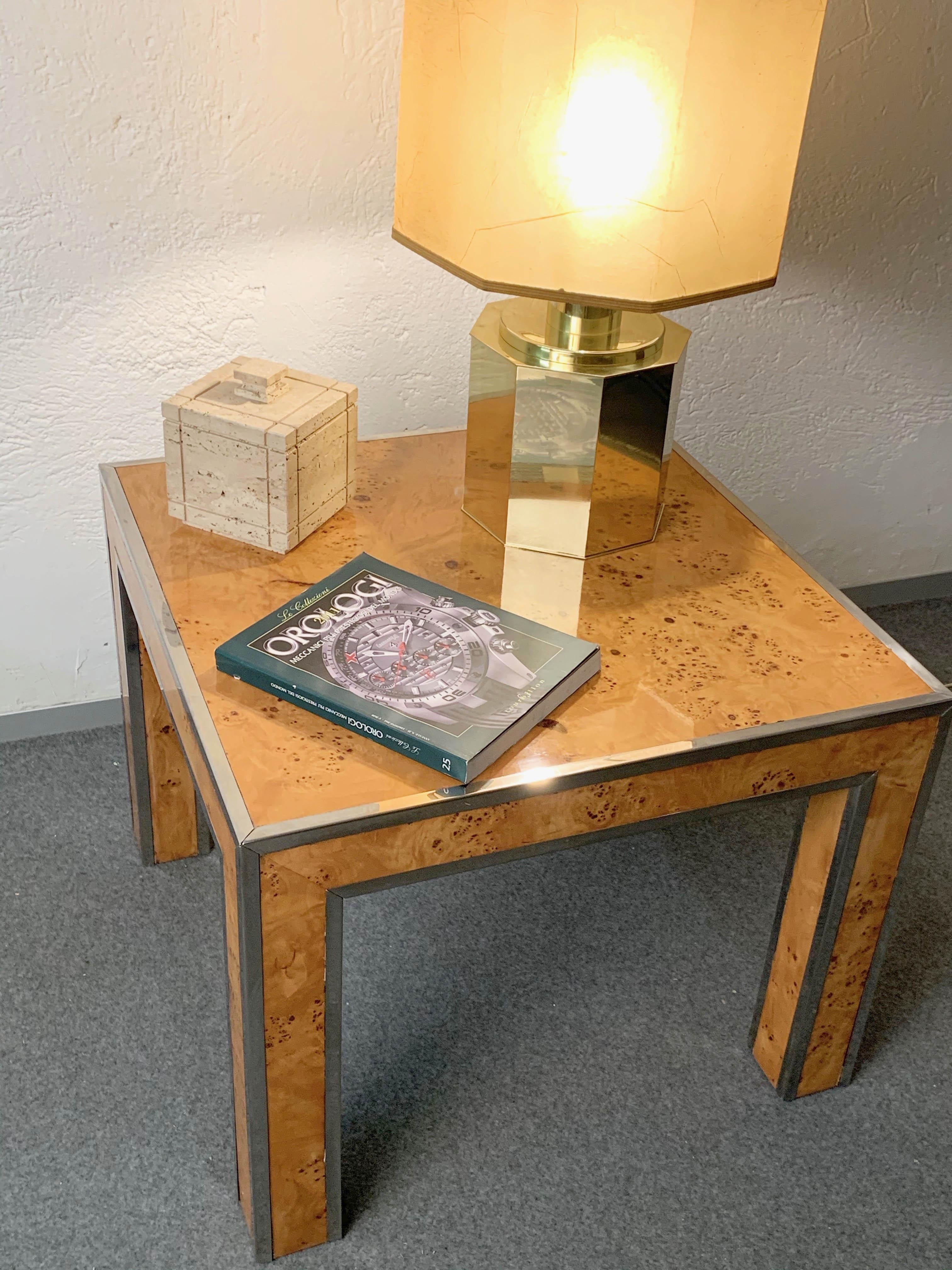 Square Briarwood and Metal Italian Coffee Table in Willy Rizzo Style, 1970s For Sale 9