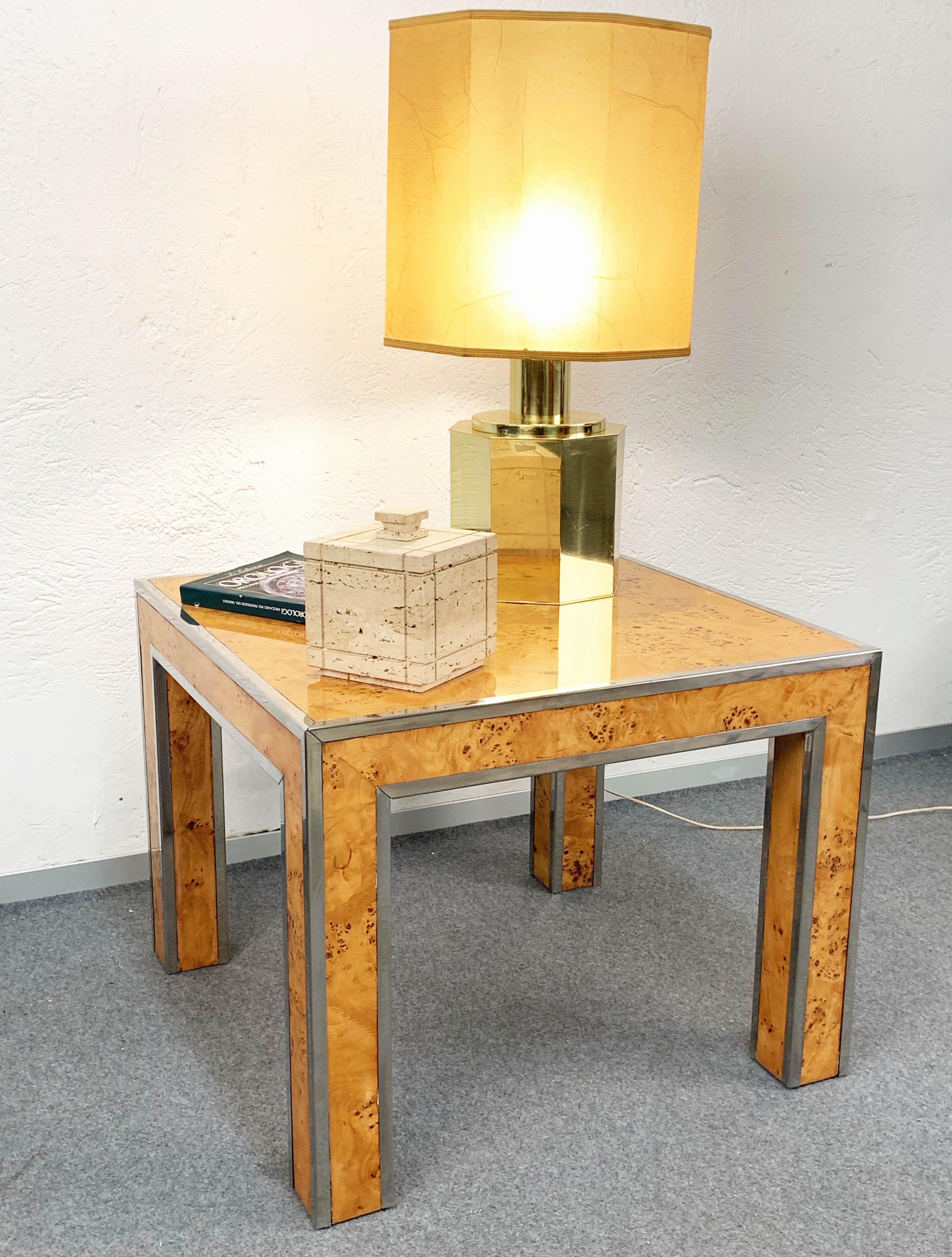 Square Briarwood and Metal Italian Coffee Table in Willy Rizzo Style, 1970s For Sale 10