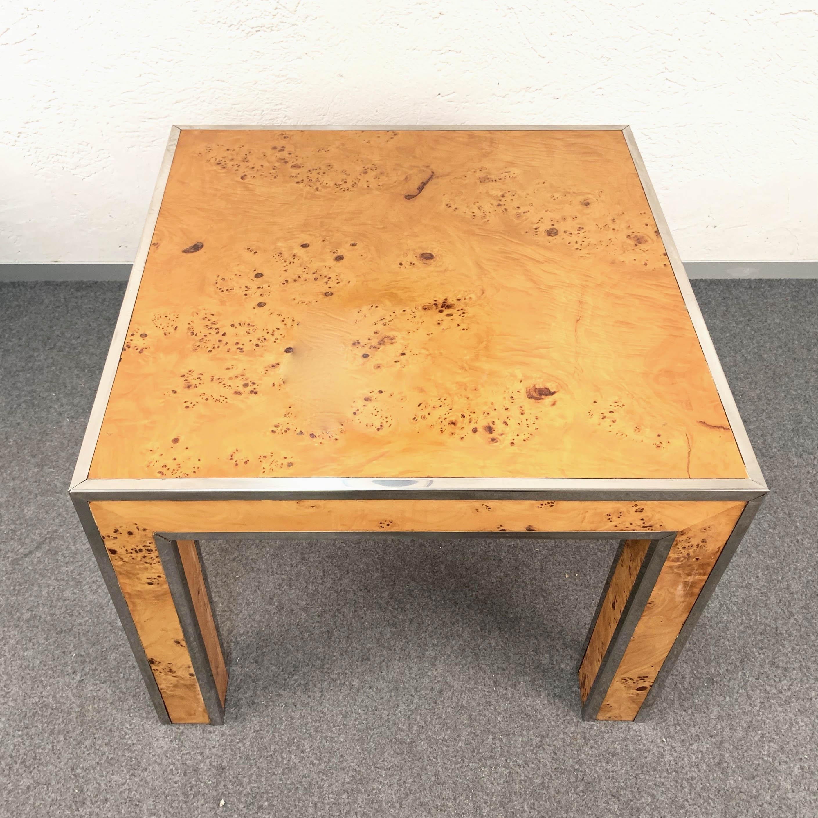 Mid-Century Modern Square Briarwood and Metal Italian Coffee Table in Willy Rizzo Style, 1970s For Sale