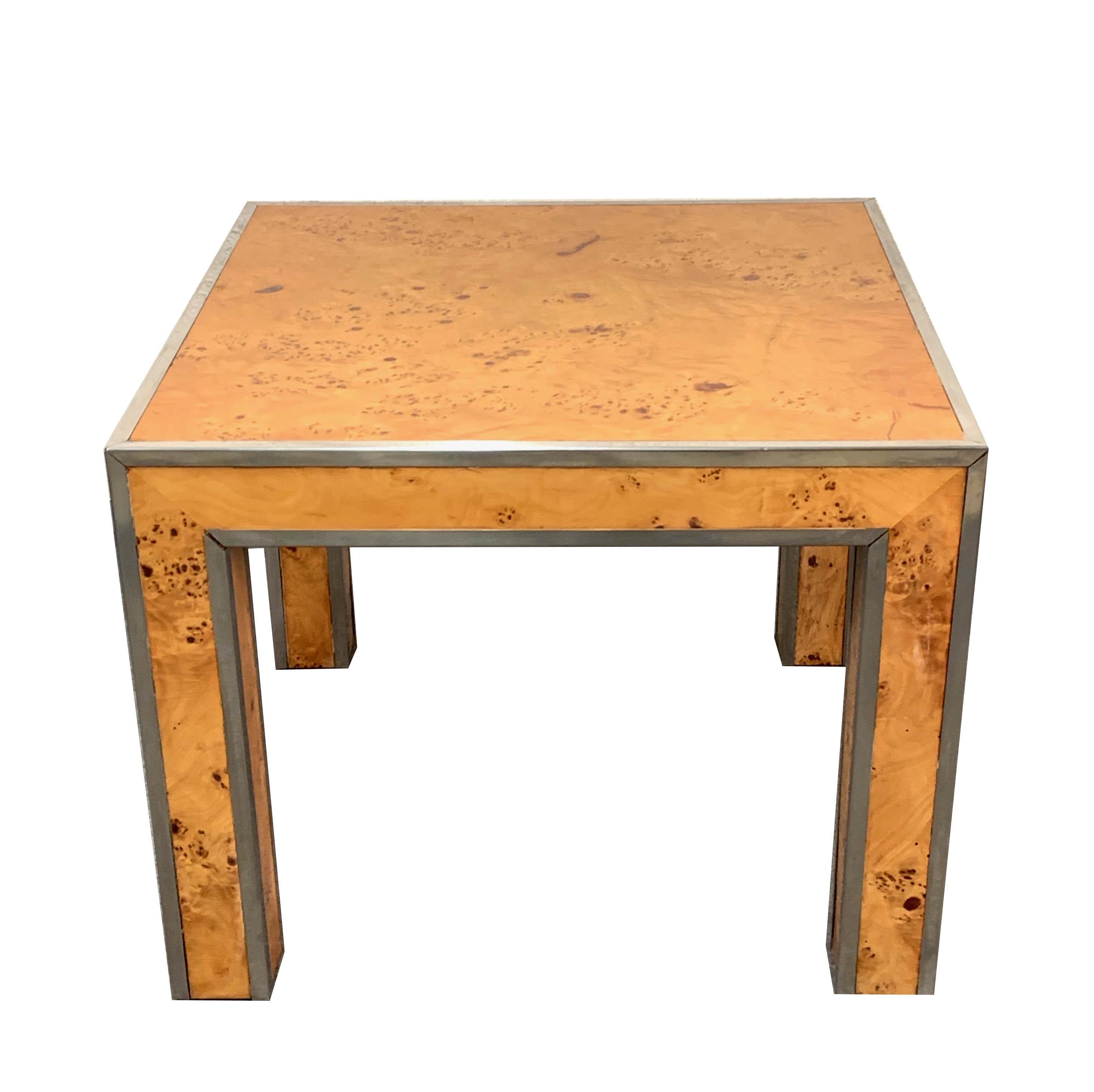 20th Century Square Briarwood and Metal Italian Coffee Table in Willy Rizzo Style, 1970s For Sale