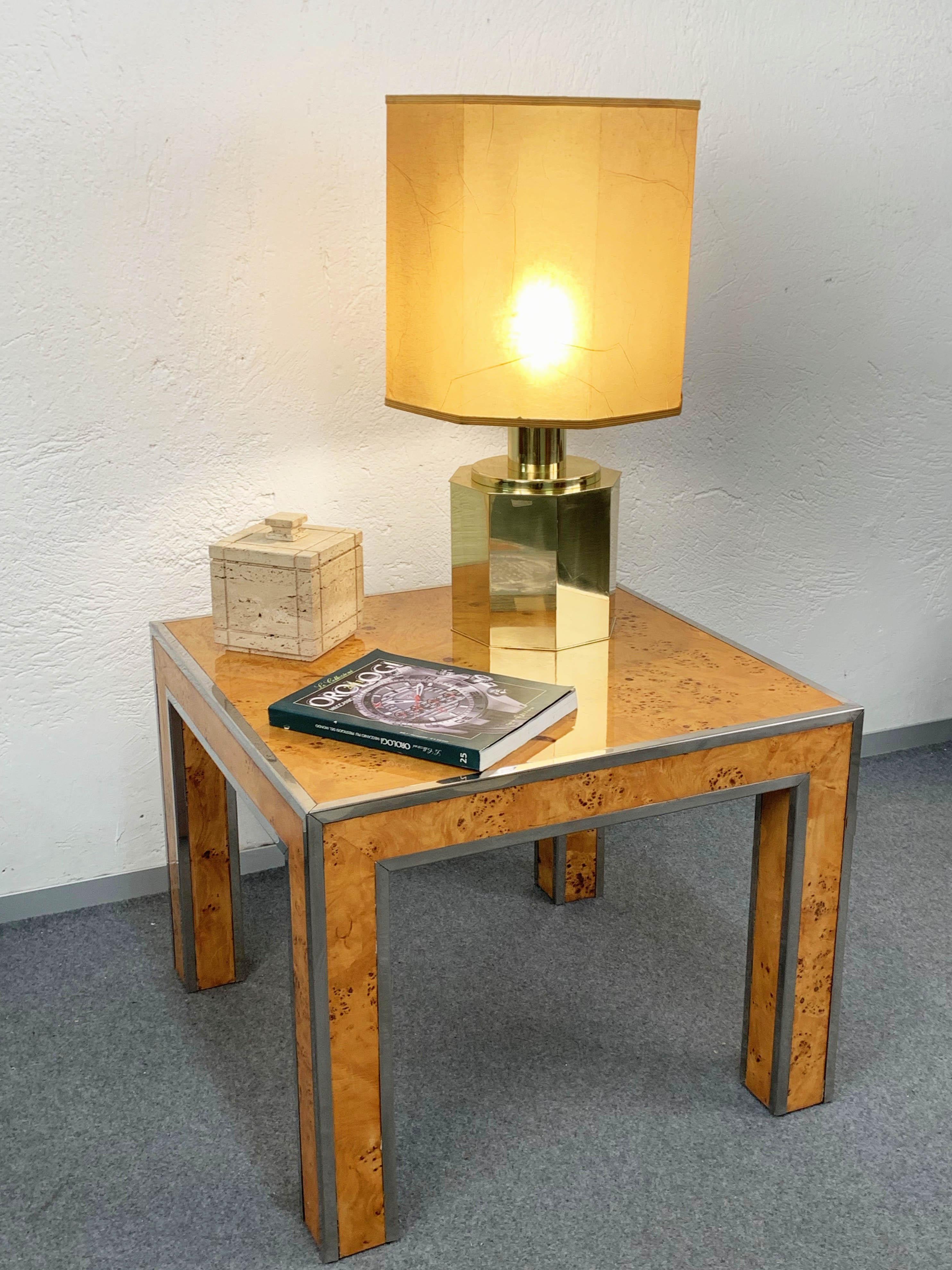 Square Briarwood and Metal Italian Coffee Table in Willy Rizzo Style, 1970s For Sale 4