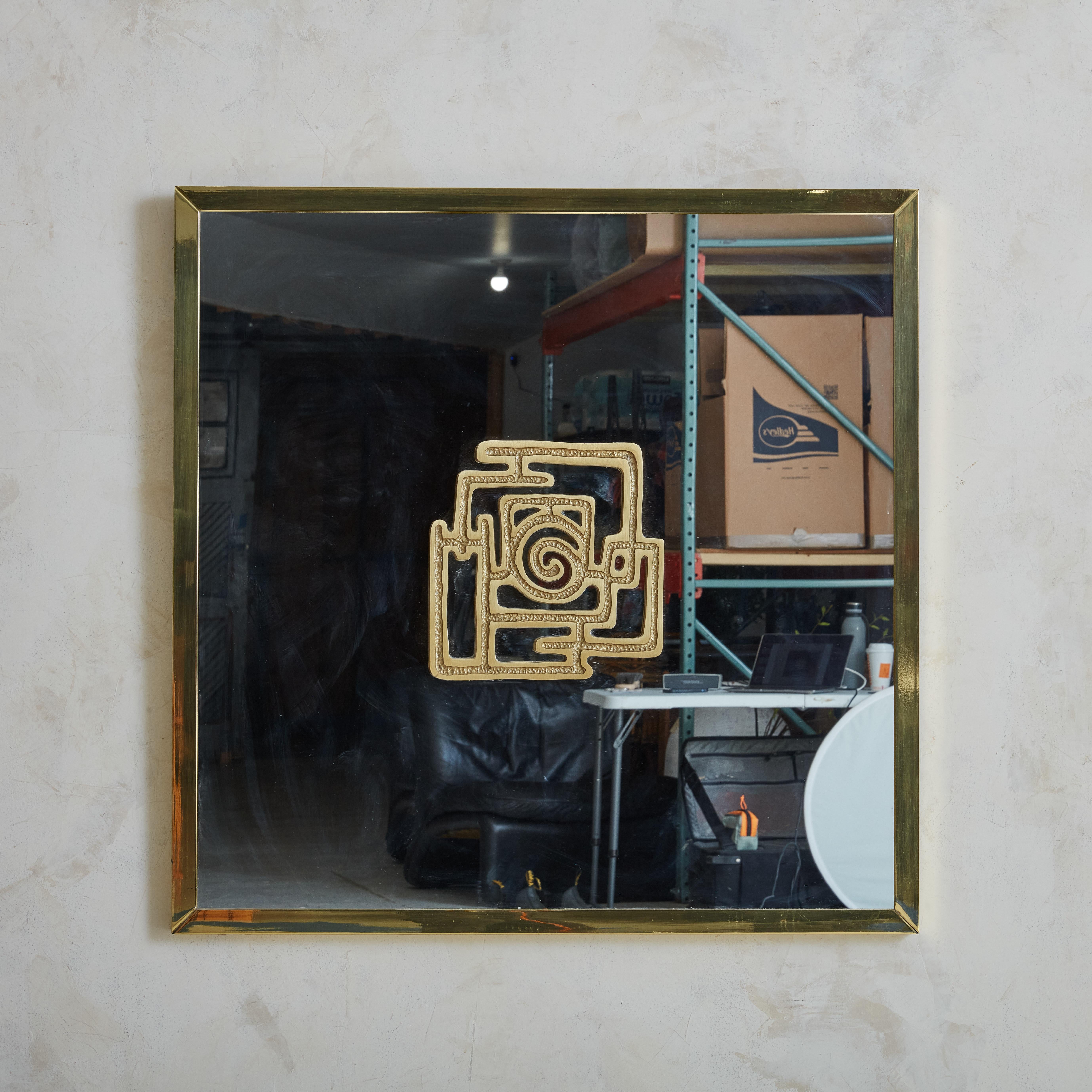 Italian Square Bronze Frame Medallion Mirror Attributed to Luciano Frigerio, Italy 1970s For Sale