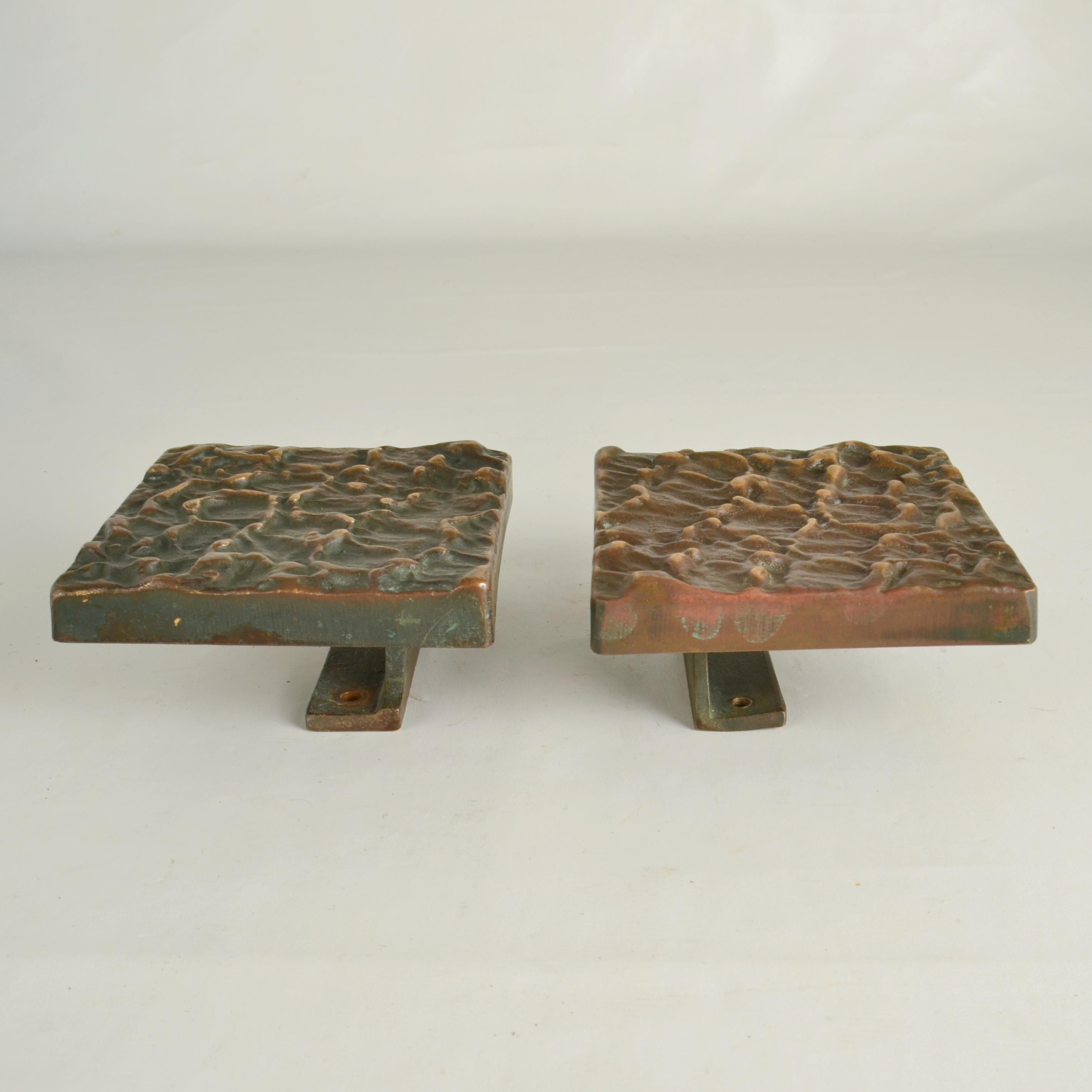 Square Bronze Push Pull Door Handles pair with Subtle Relief For Sale 3