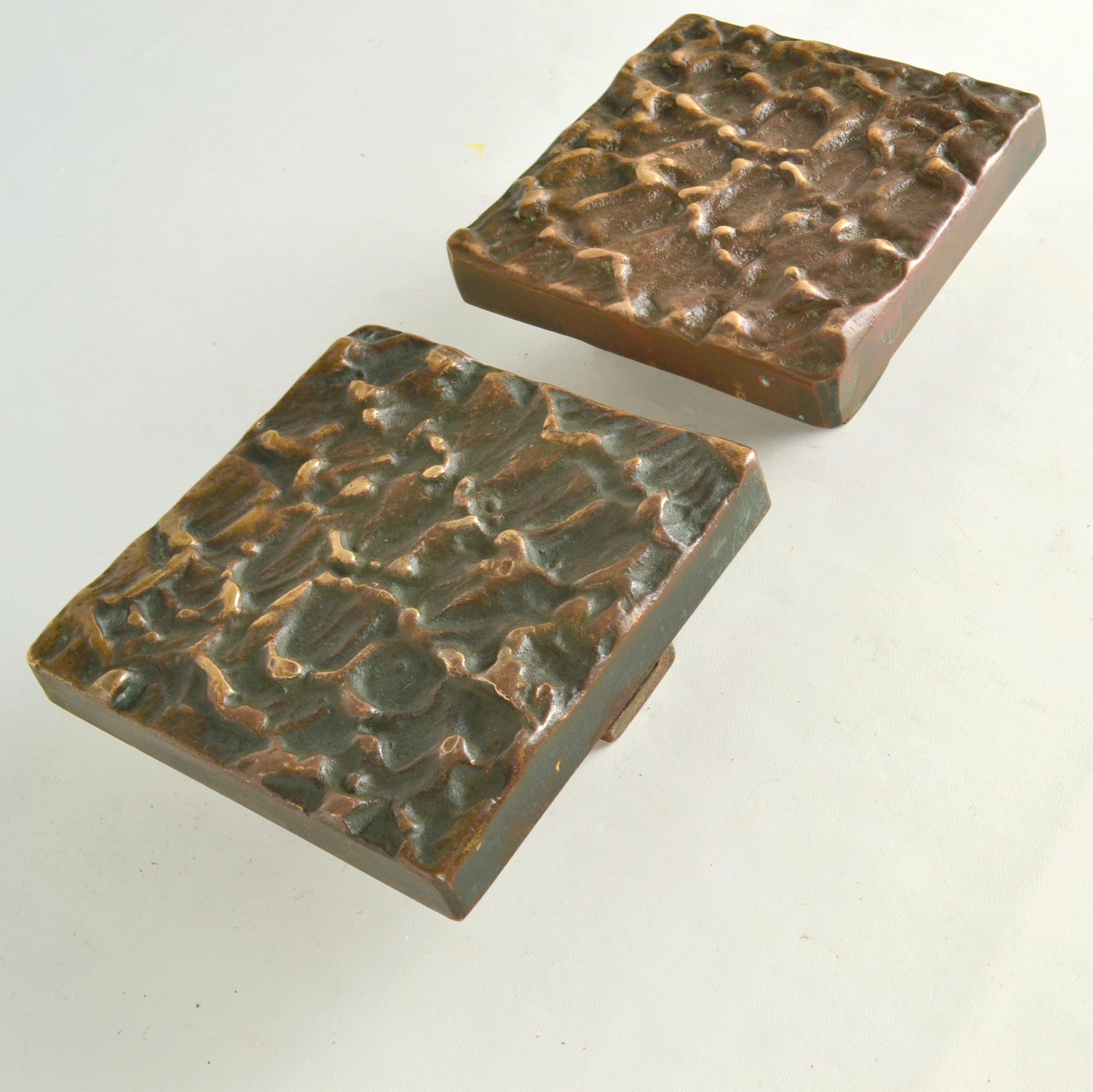 Square Bronze Push Pull Door Handles pair with Subtle Relief For Sale 1