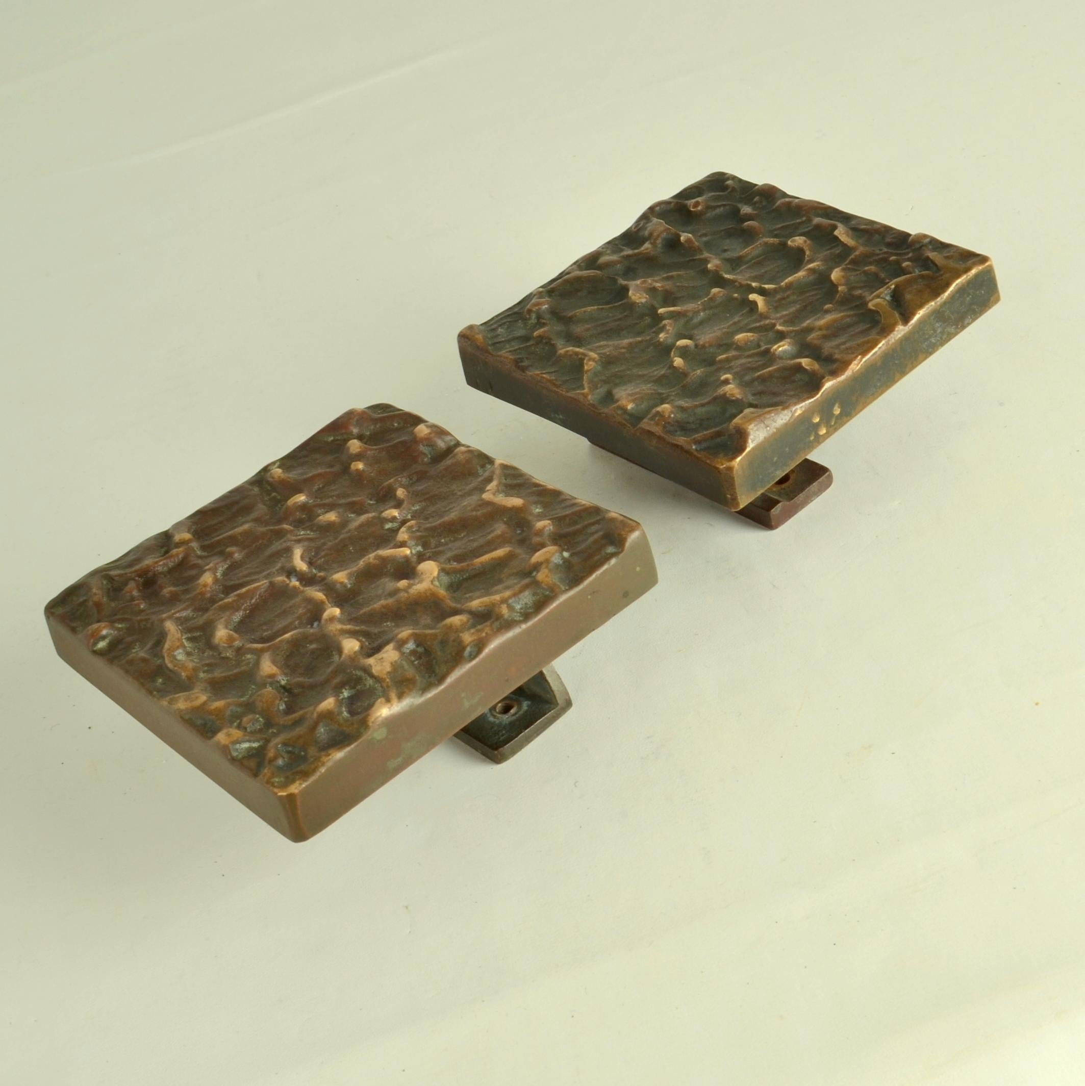 Square Bronze Push Pull Door Handles pair with Subtle Relief For Sale 2