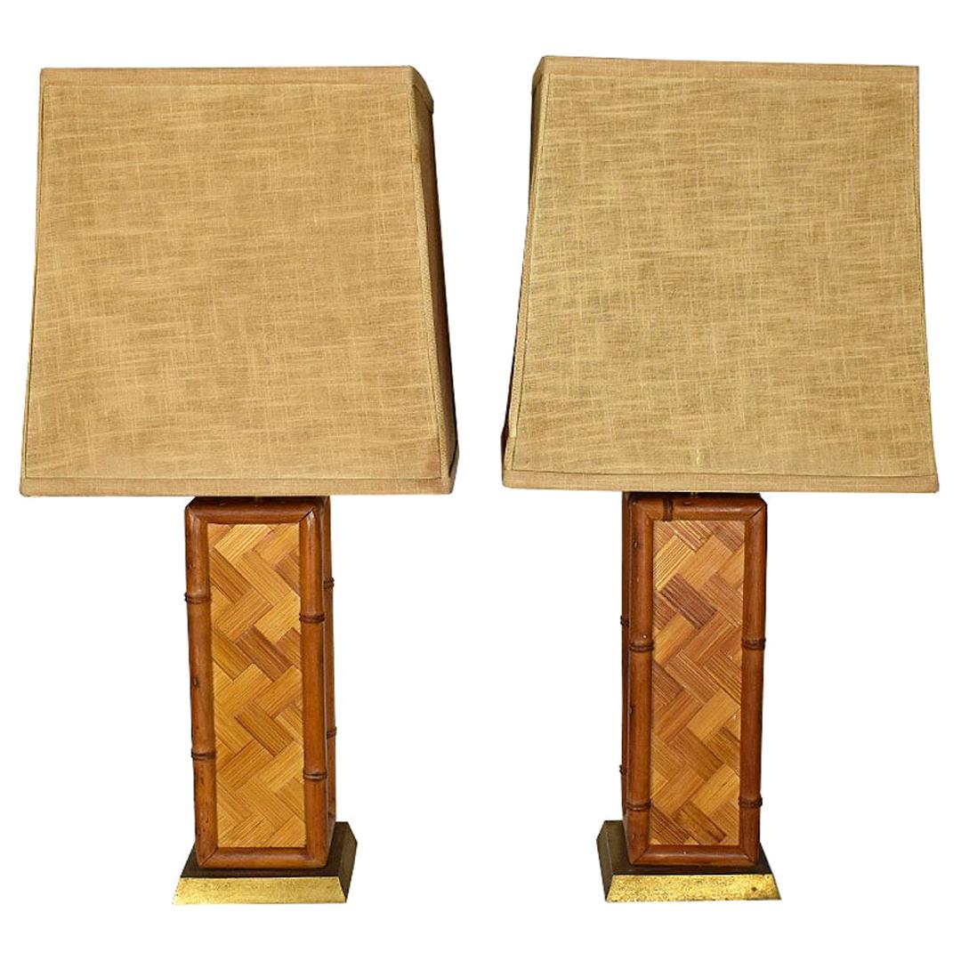 Square Brown Bamboo Lamps with Shades by Westwood Industries, 1970s a Pair