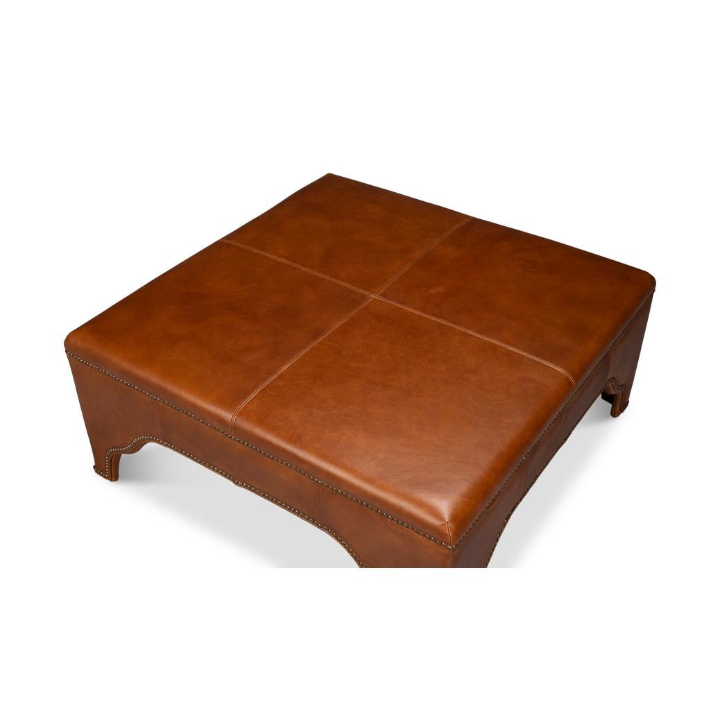 Asiatico Pouf quadrato in pelle marrone in vendita