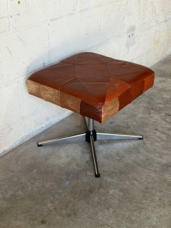 Square Brown Leather Ottoman with Chrome Base Vintage Mid-Century Modern 1970s