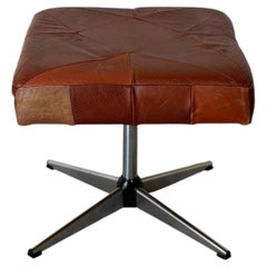 Square Brown Leather Ottoman with Chrome Base Vintage Mid-Century Modern 1970s