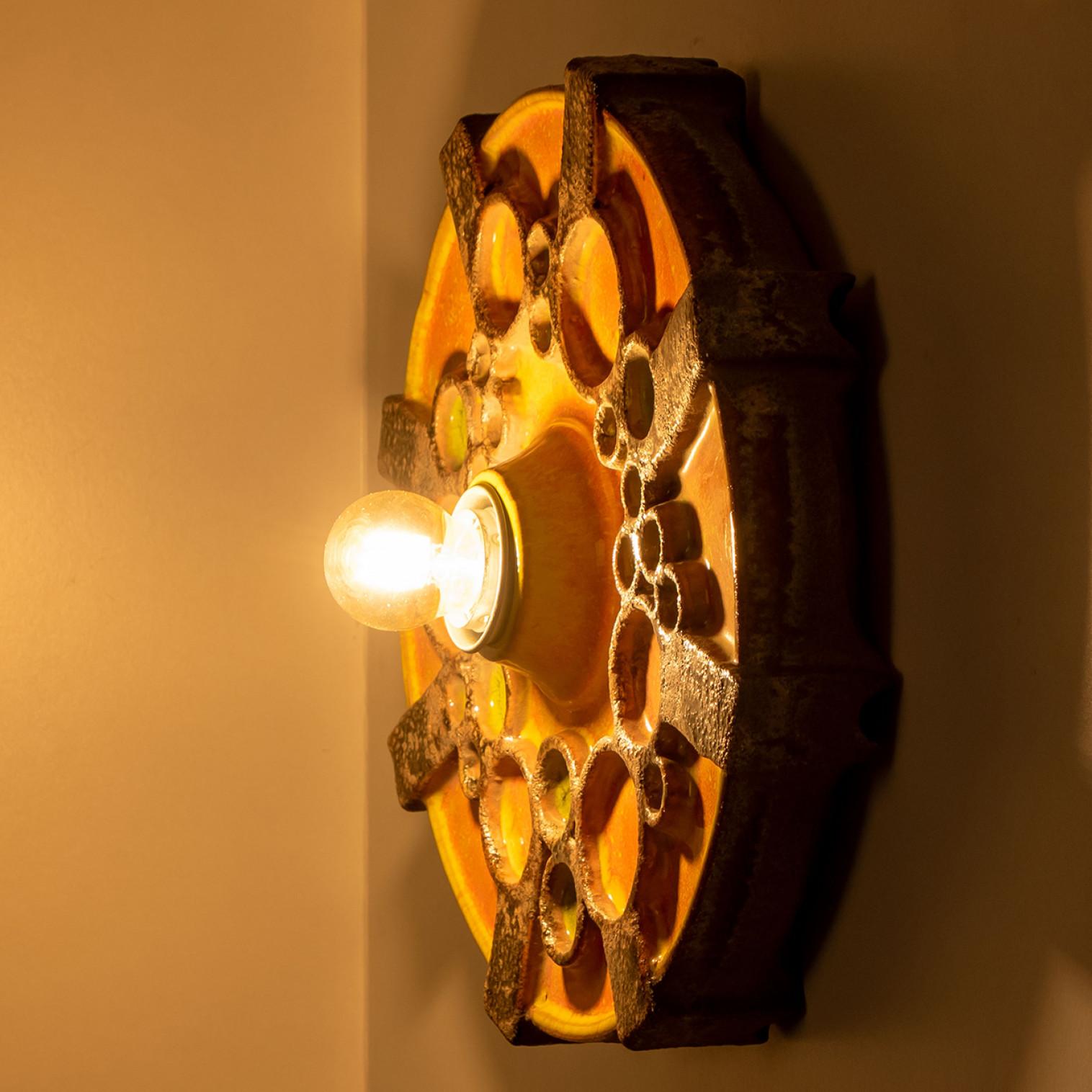 Square Brown Orange Green Ceramic Wall Light, Denmark, 1970 For Sale 5
