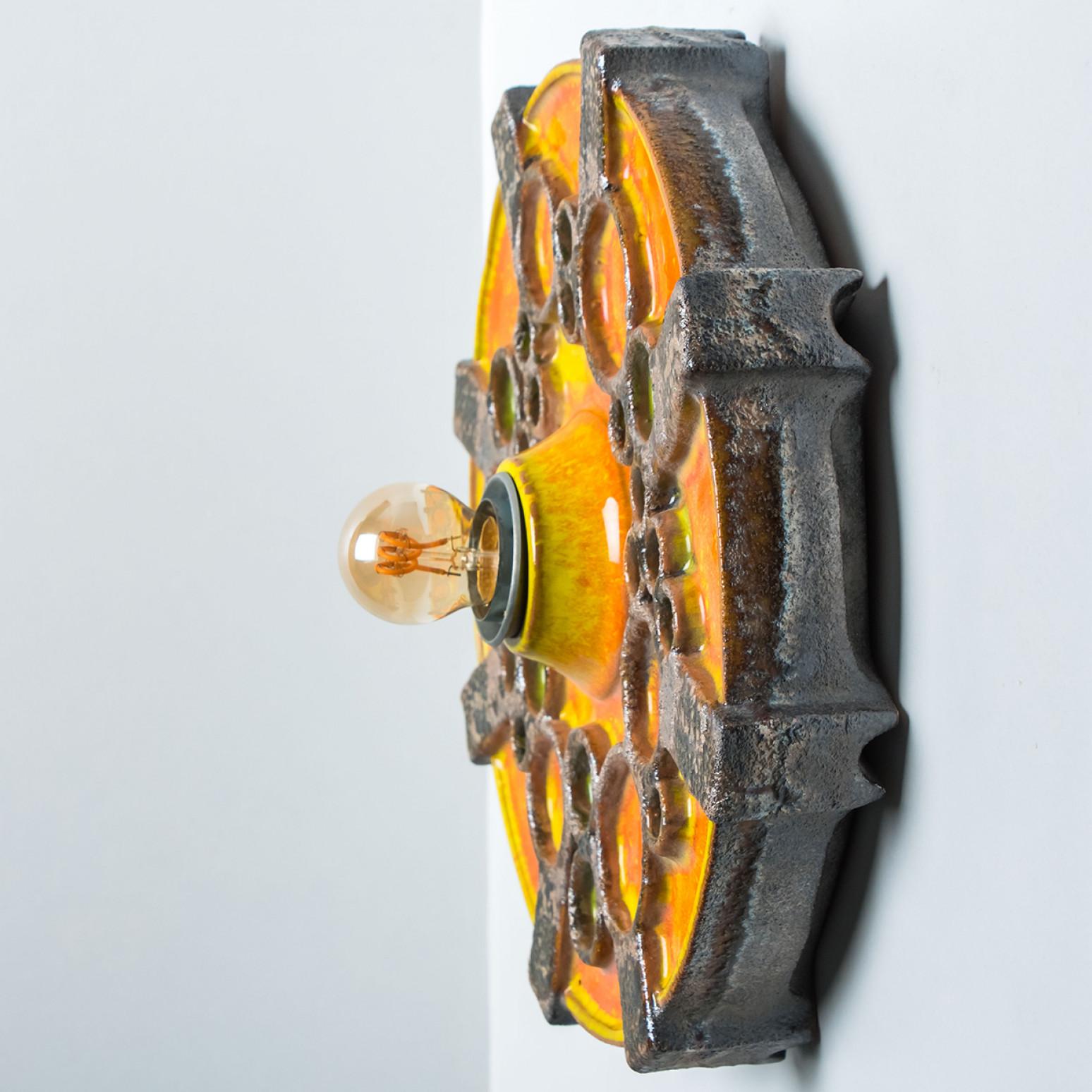 Mid-Century Modern Square Brown Orange Green Ceramic Wall Light, Denmark, 1970 For Sale