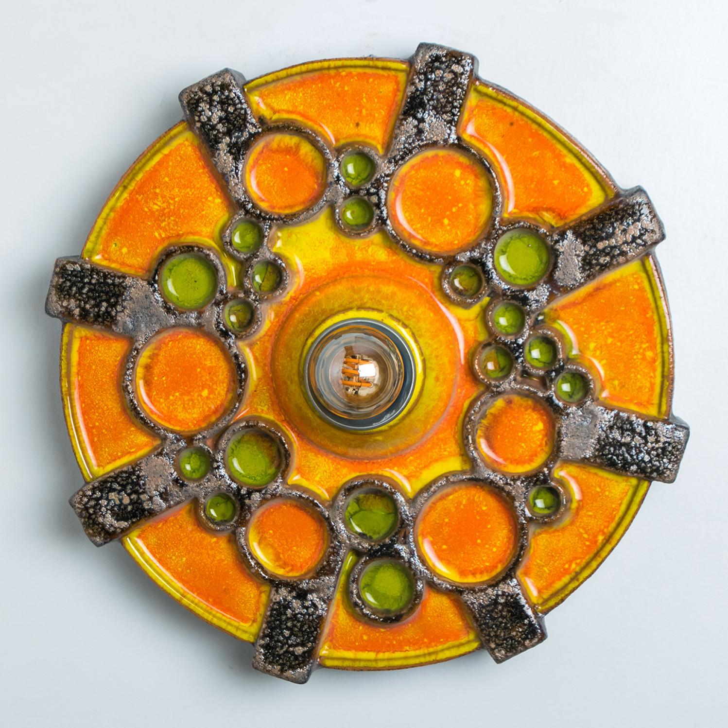 German Square Brown Orange Green Ceramic Wall Light, Denmark, 1970 For Sale