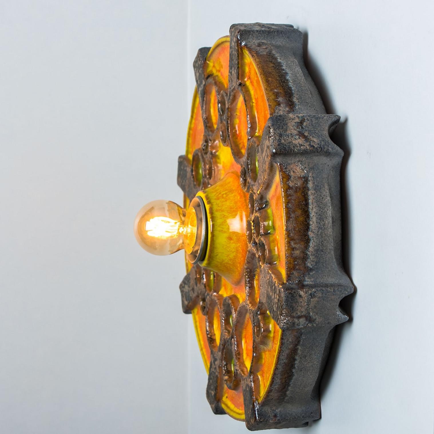 Late 20th Century Square Brown Orange Green Ceramic Wall Light, Denmark, 1970 For Sale