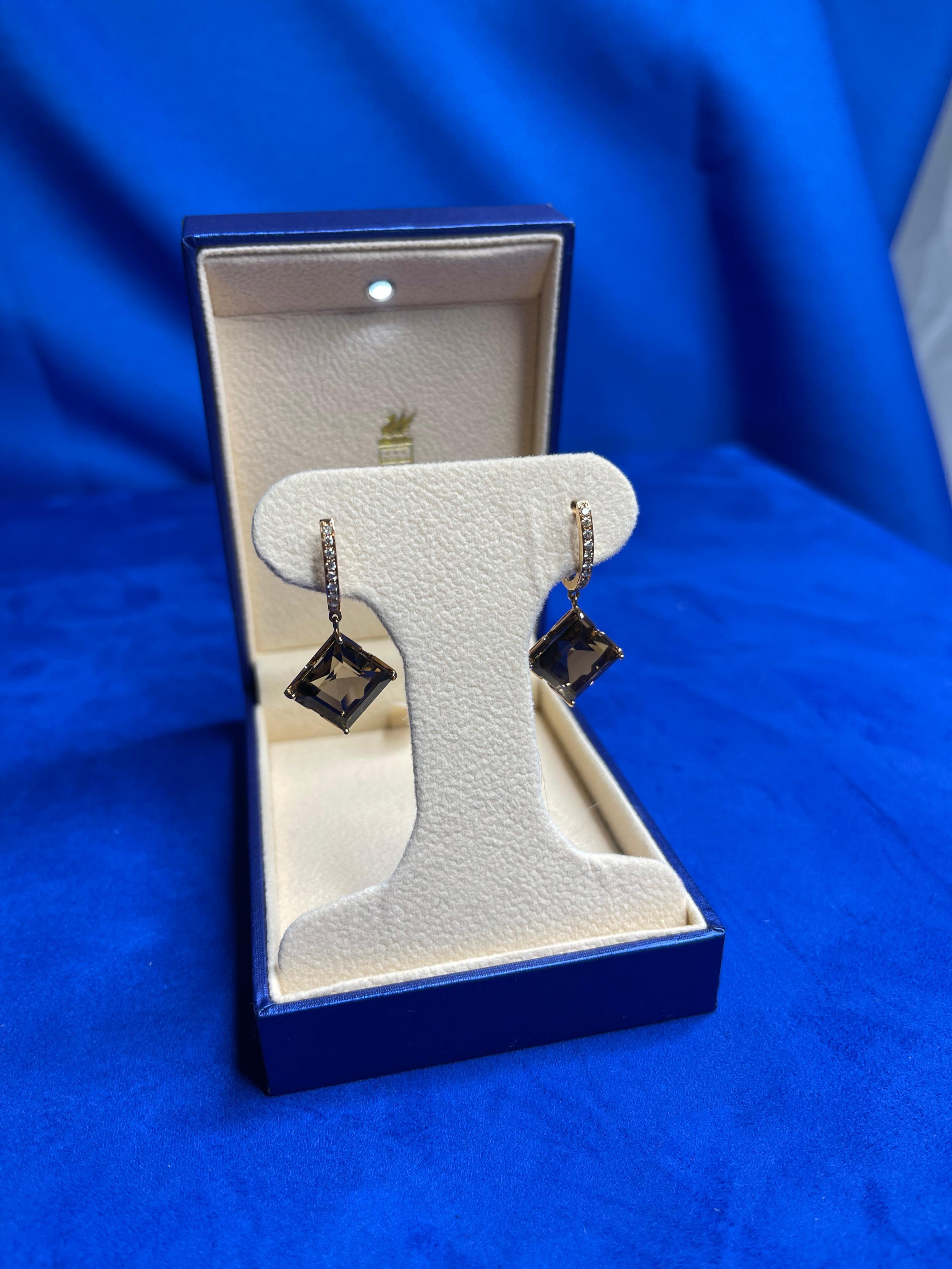 Quadratische Rauchquarz-Diamant-Huggie-Tropfen-Ohrringe aus 18 Karat Roségold im Zustand „Neu“ im Angebot in Oakton, VA