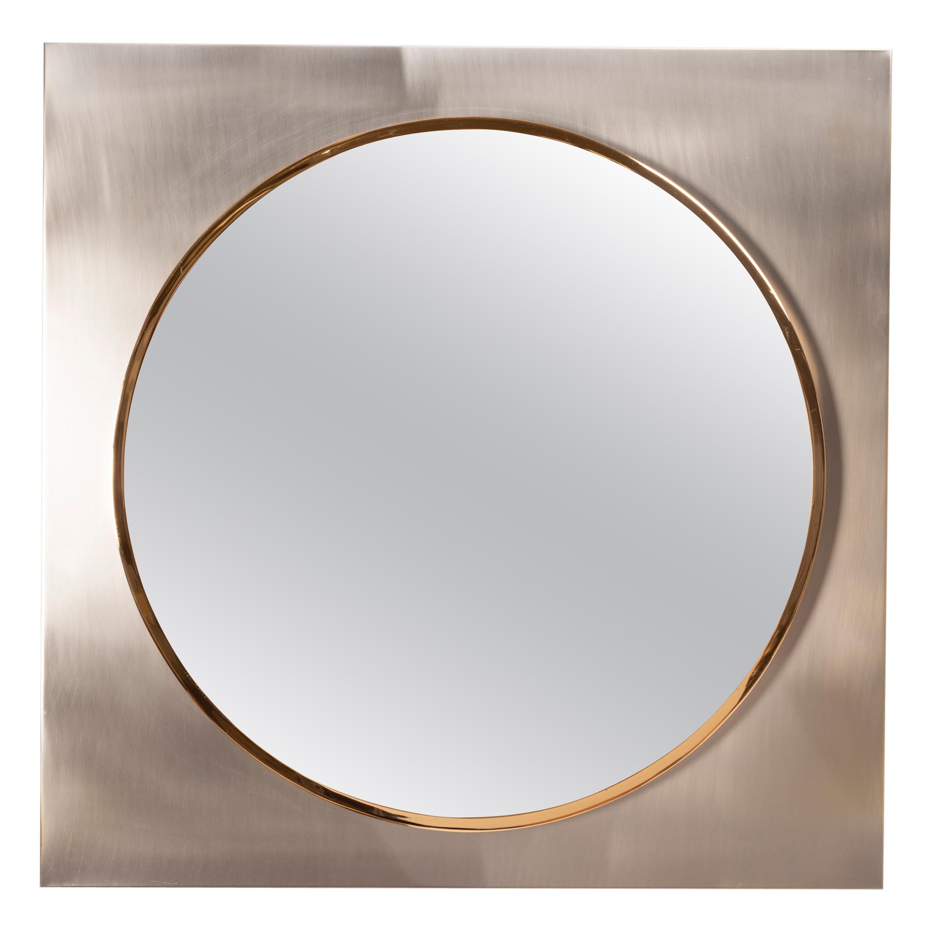 Square Brushed Steel and Brass Mirror, 1970s