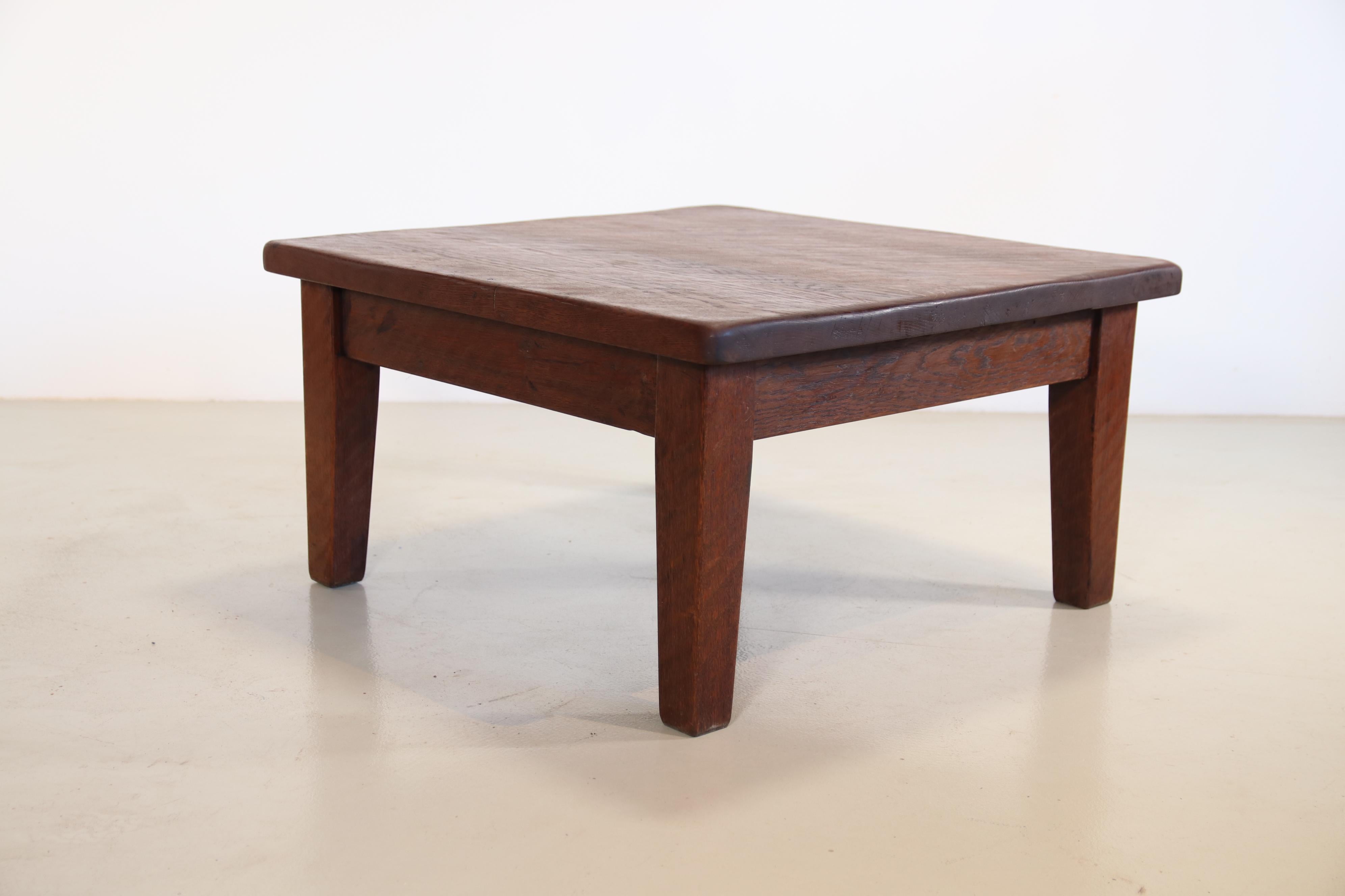 French Square Brutalist Artisan solid oak coffee table, 1970's For Sale
