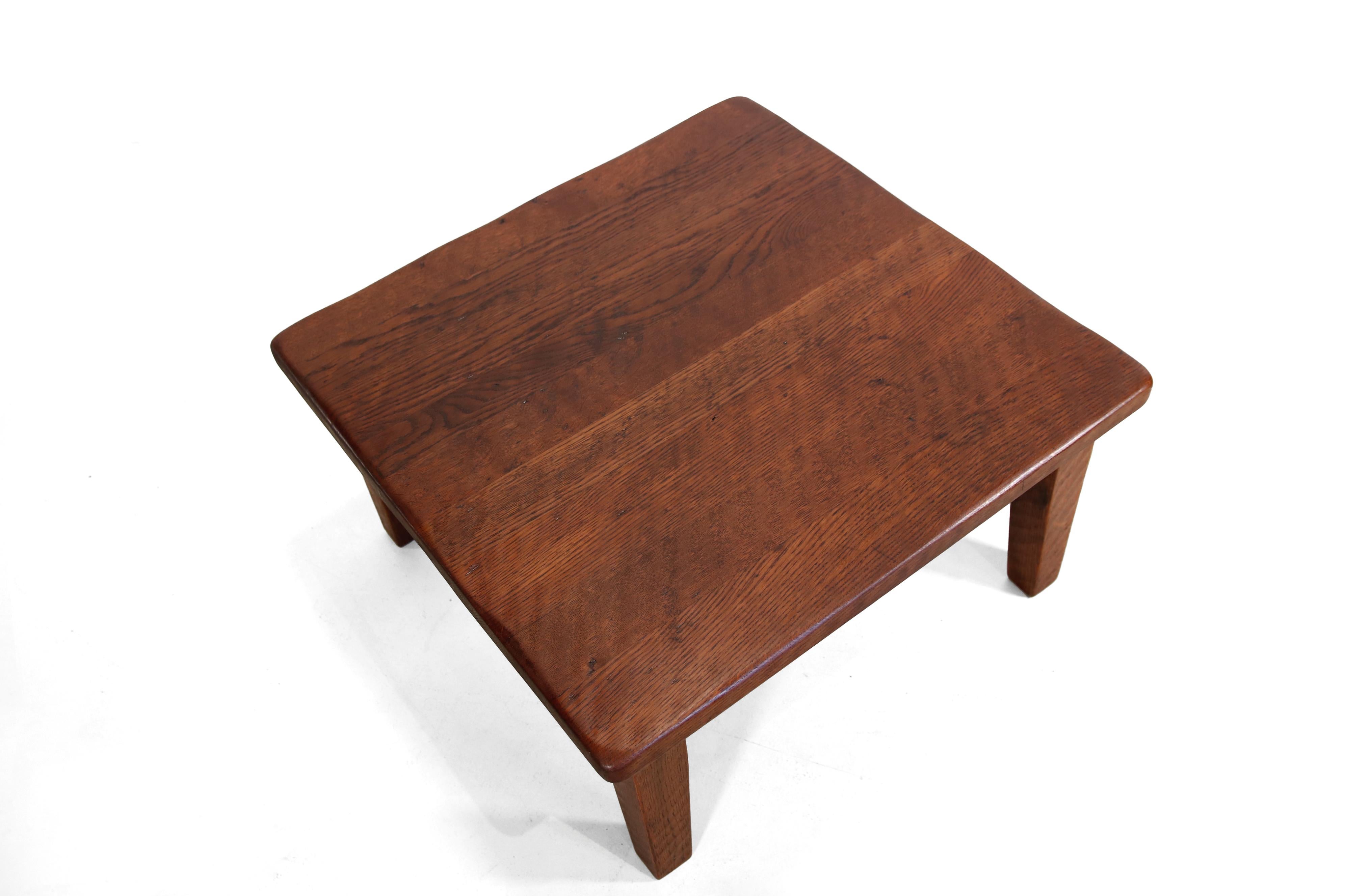 Square Brutalist Artisan solid oak coffee table, 1970's For Sale 1