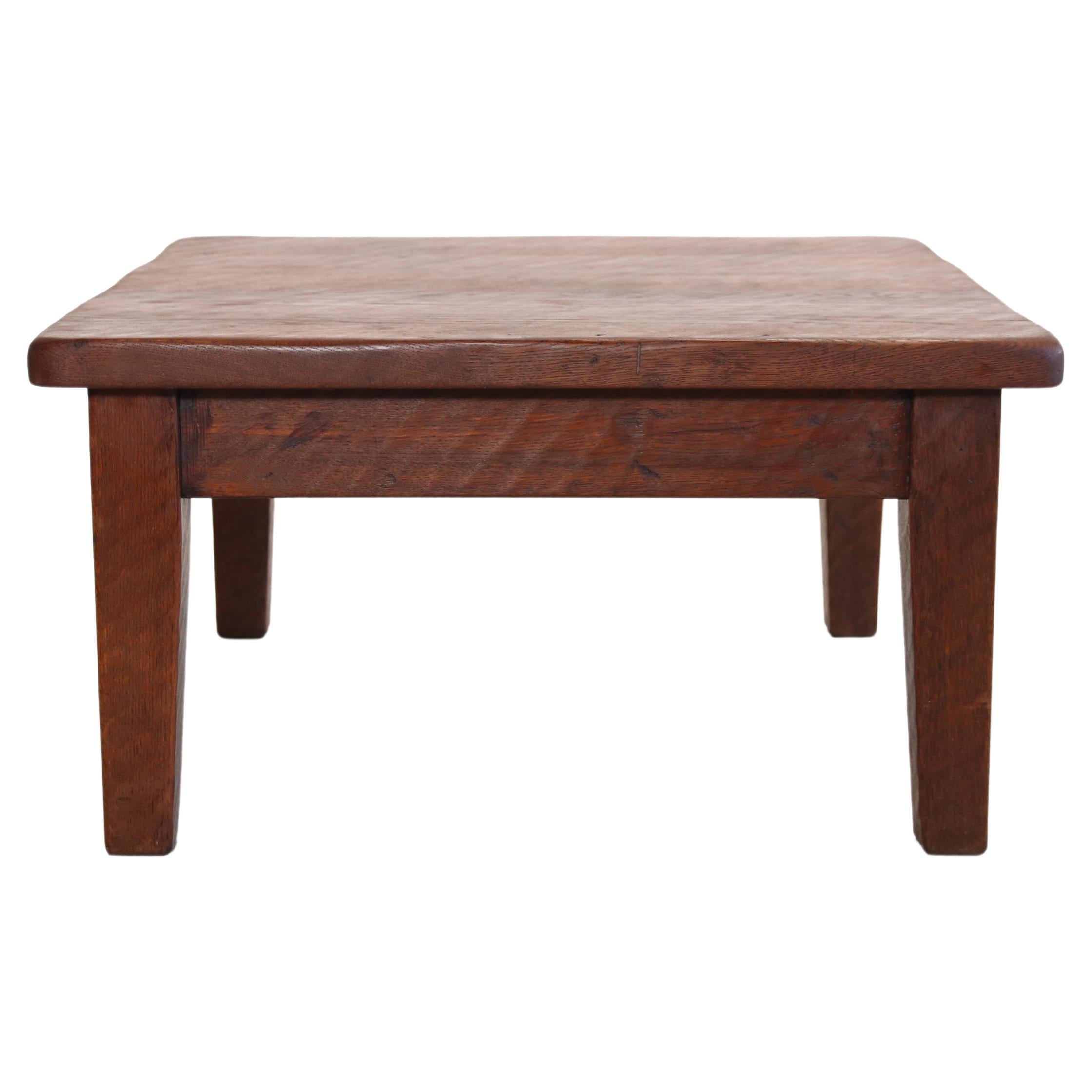 Square Brutalist Artisan solid oak coffee table, 1970's For Sale