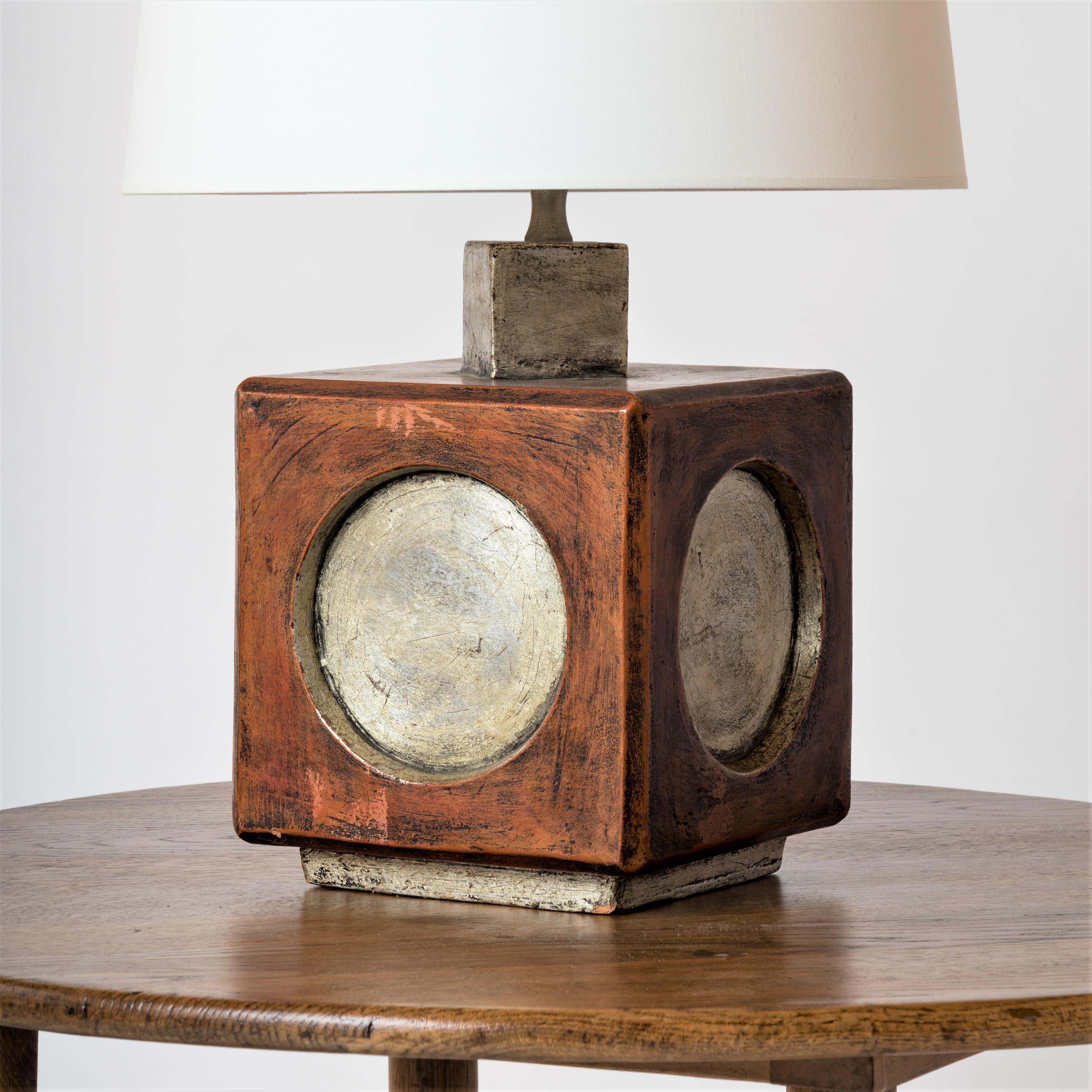 Italian Square Brutalist Terracotta Table Lamp W. Ochre & Silver Accents, Italy, 1970s For Sale