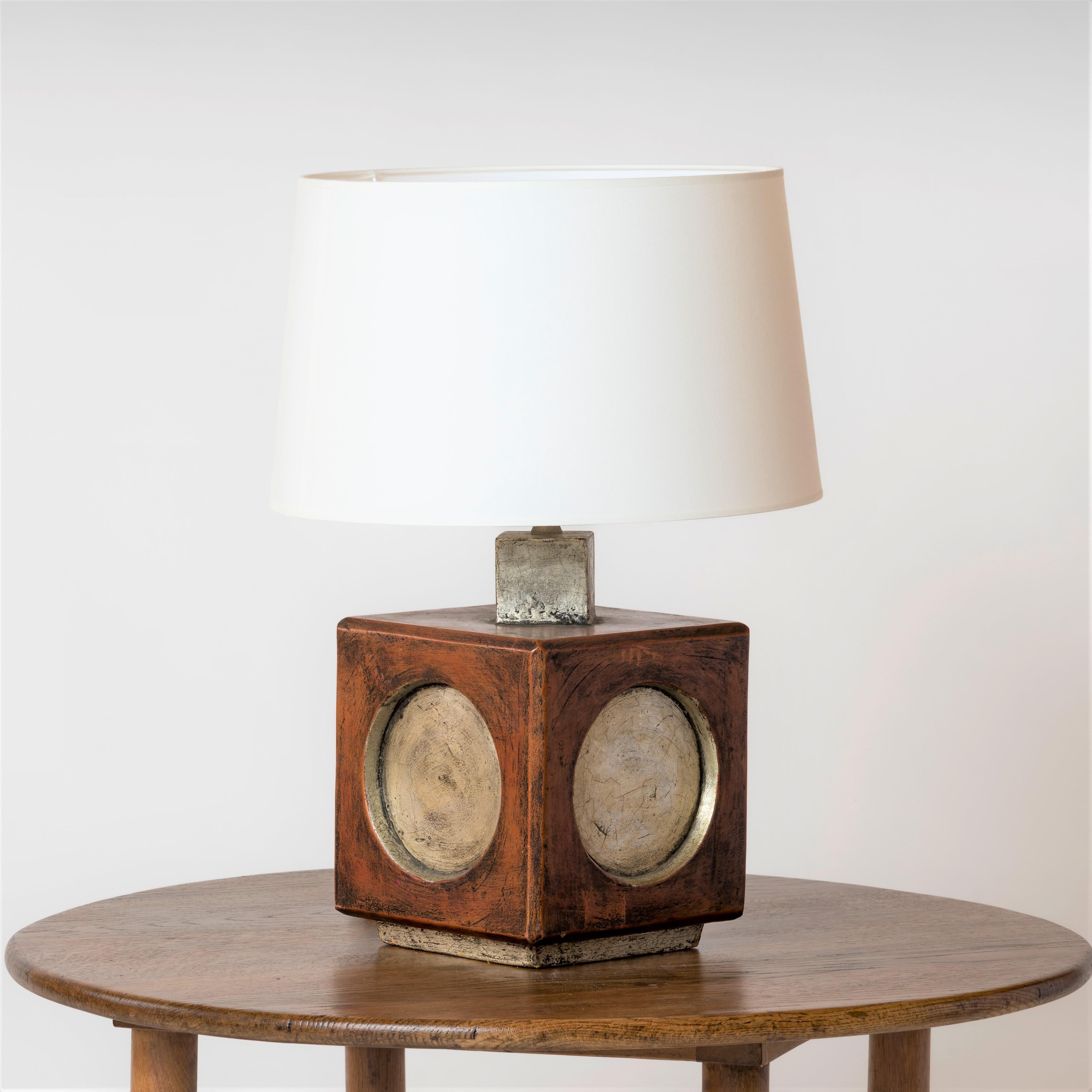Painted Square Brutalist Terracotta Table Lamp W. Ochre & Silver Accents, Italy, 1970s For Sale