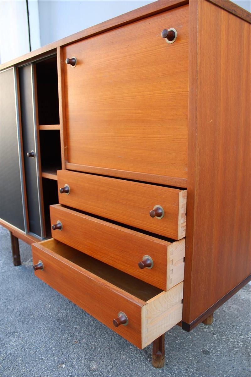 Square Buffet Italian Midcentury Design Solid Teak Black Laminate Brown Cabinet For Sale 7