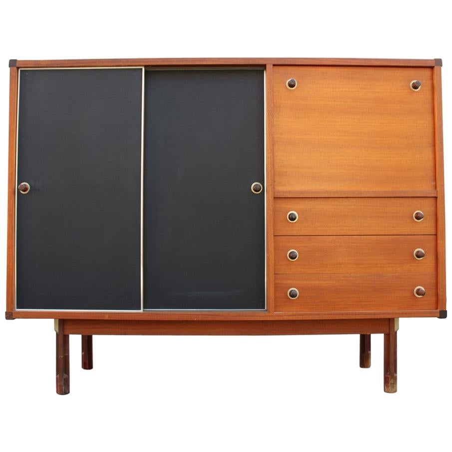 Square Buffet Italian Midcentury Design Solid Teak Black Laminate Brown Cabinet For Sale