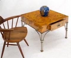 Square Burl Olive Wood Campaign Style Pull One Drawer Large End Side Table