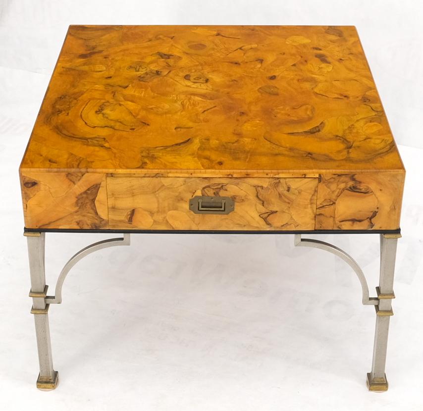 Square Burl Olive Wood Campaign Style Pull One Drawer Large End Side Table  In Good Condition For Sale In Rockaway, NJ