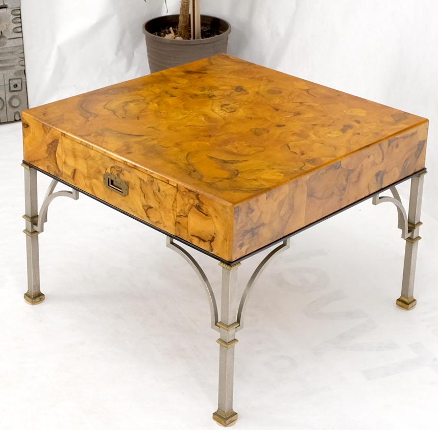 20th Century Square Burl Olive Wood Campaign Style Pull One Drawer Large End Side Table  For Sale