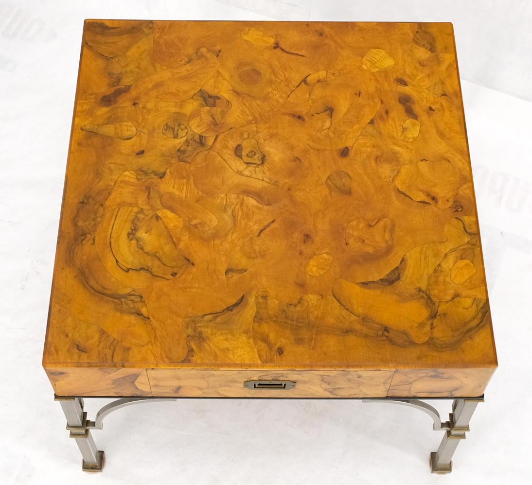 Brass Square Burl Olive Wood Campaign Style Pull One Drawer Large End Side Table  For Sale