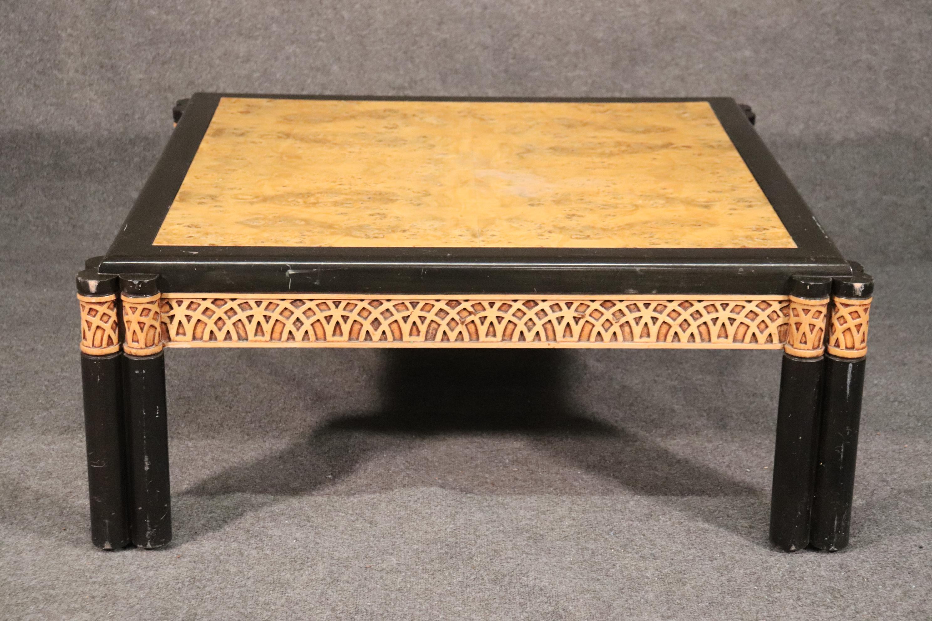 American Classical Square Burled Olivewood Ebonized Faux Bamboo Style Coffee Cocktail Table