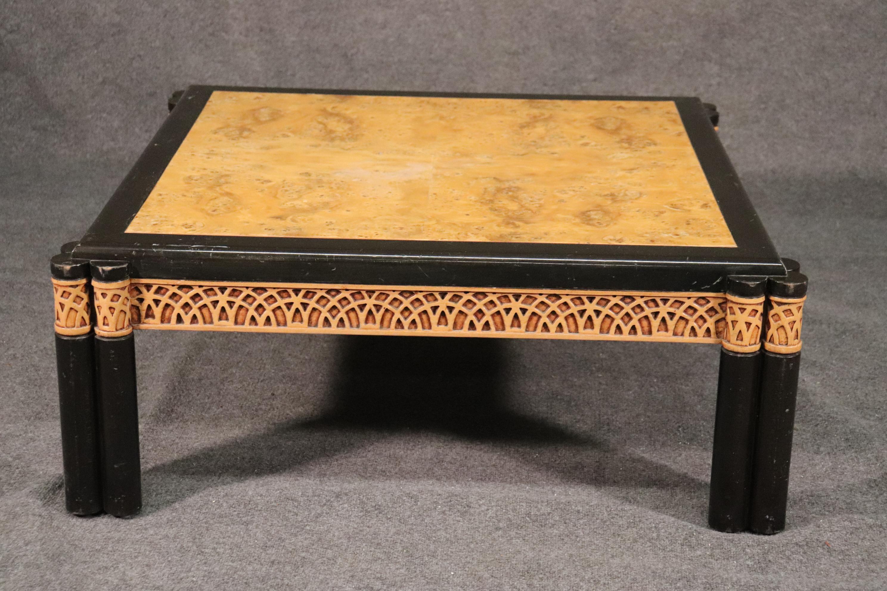 Square Burled Olivewood Ebonized Faux Bamboo Style Coffee Cocktail Table In Good Condition In Swedesboro, NJ